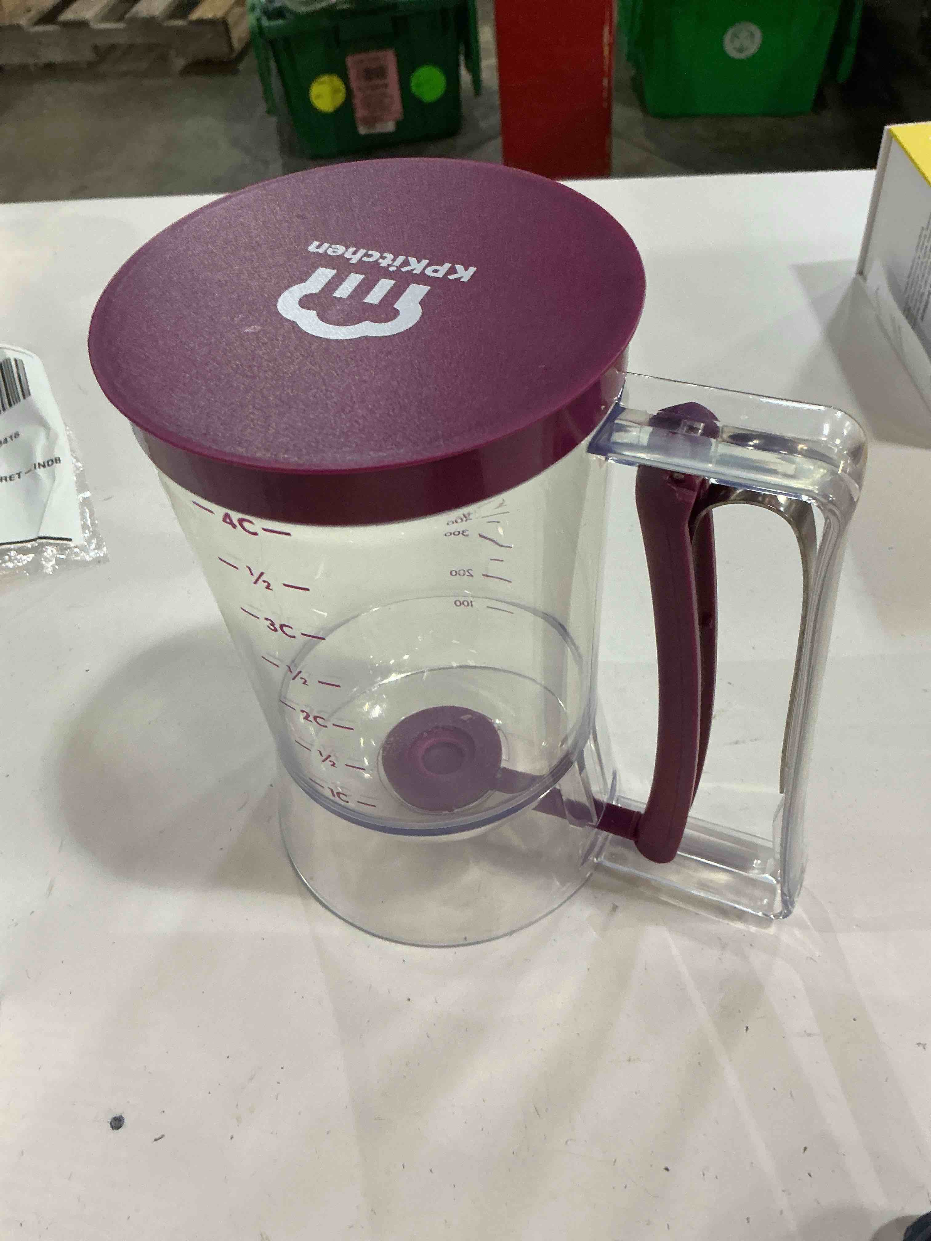 Condition photo showing Good Condition for kpkitchen pancake batter dispenser - kitchen must have tool for perfect pancakes, cupcake, waffle, muffin mix, cake & crepe - baking supplies for griddle - pancake maker with measuring label (purple)
