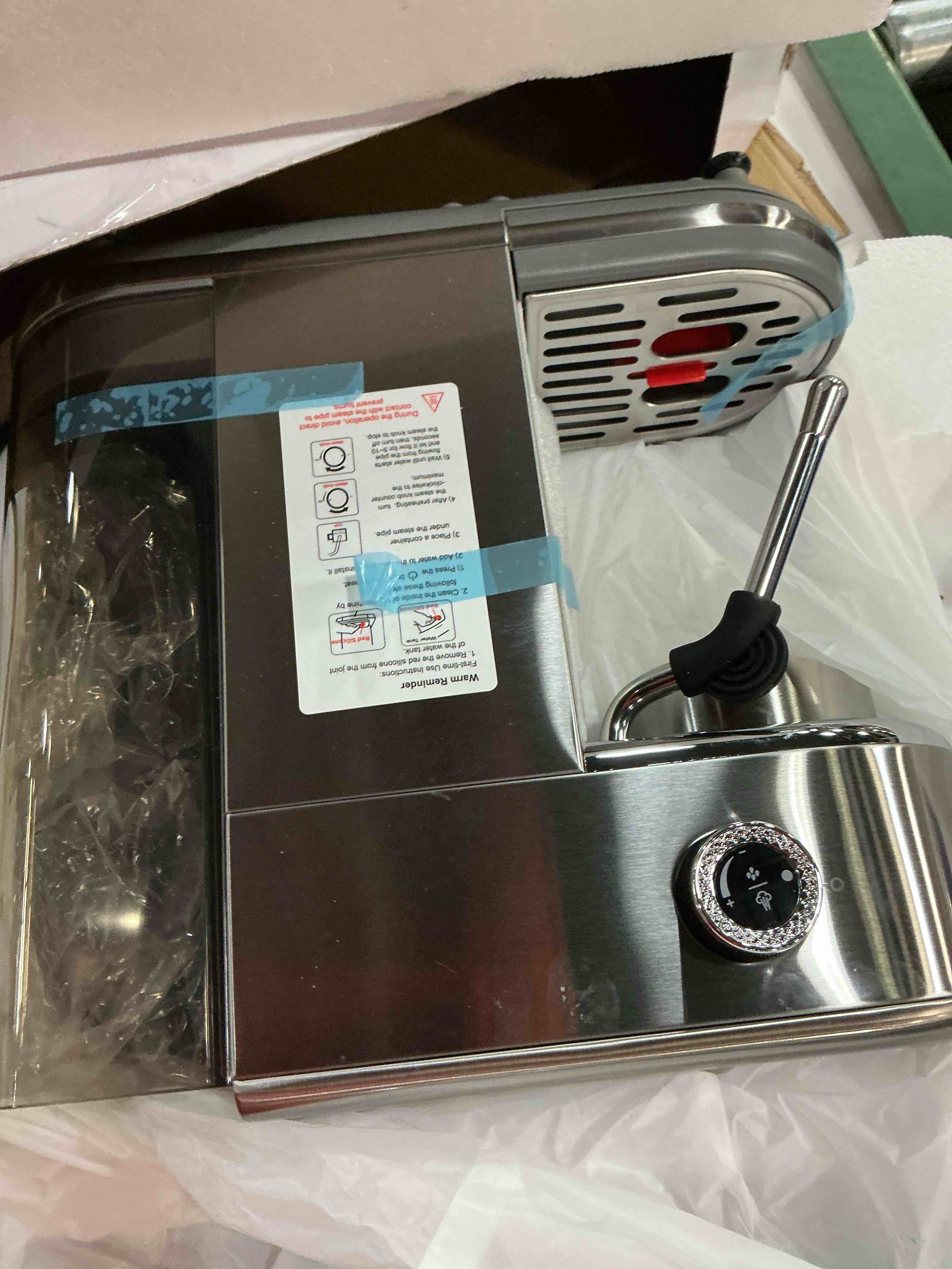 Condition photo showing New/Like New for espresso machine with milk frother, 20 bar pressure espresso maker, with 44oz removable tank, compact stainless steel coffee machine for home, office, latte, cappuccino, gift for women or men a-silver