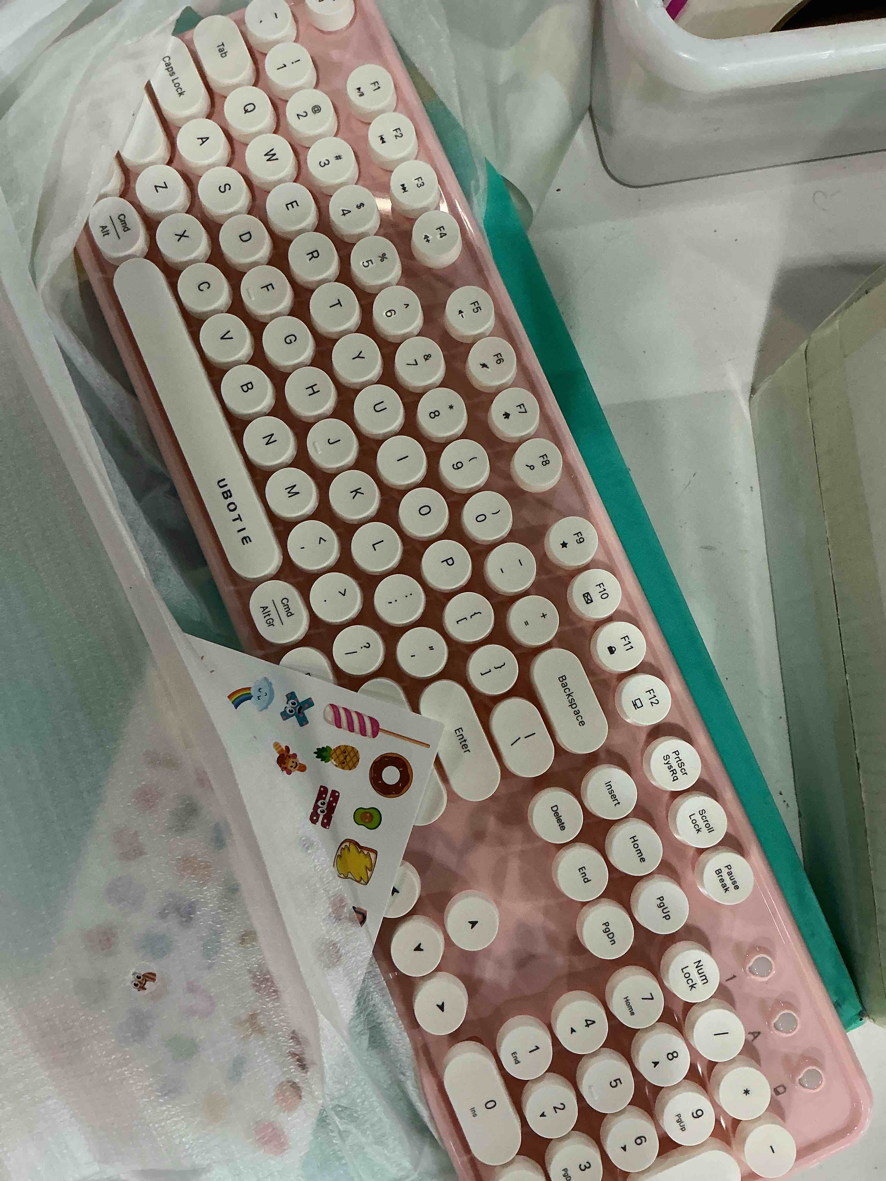 Condition photo showing Good Condition for ubotie colorful computer wireless keyboard mouse combos, typewriter flexible keys office full-sized keyboard, 2.4ghz dropout-free connection and optical mouse (pink-white)