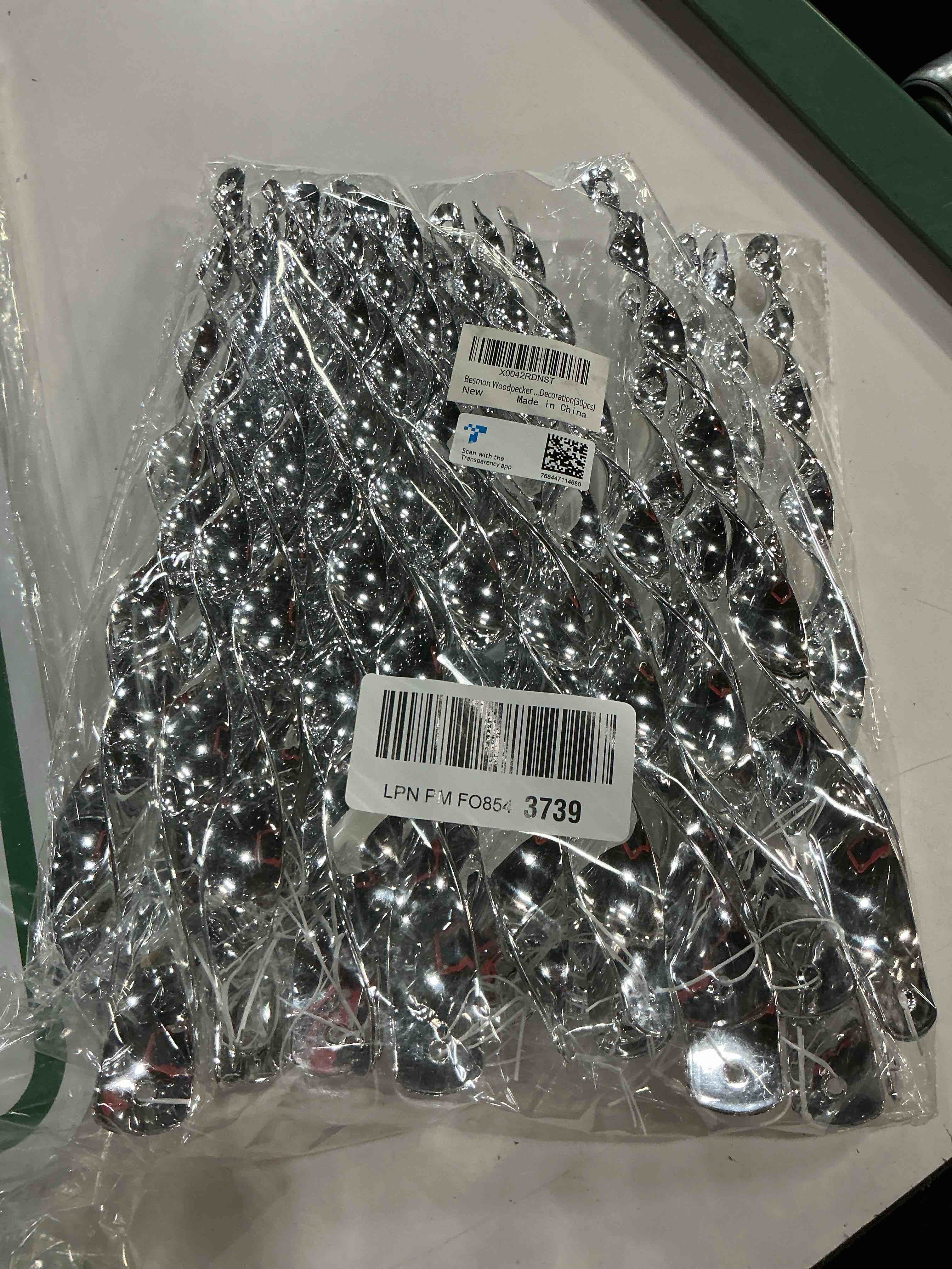 Condition photo showing Good Condition for besmon woodpecker bird scare devices?reflective scare rods control device to keep birds away from patio pool?christmas reflective strip hanging home as decoration? (30pcs)