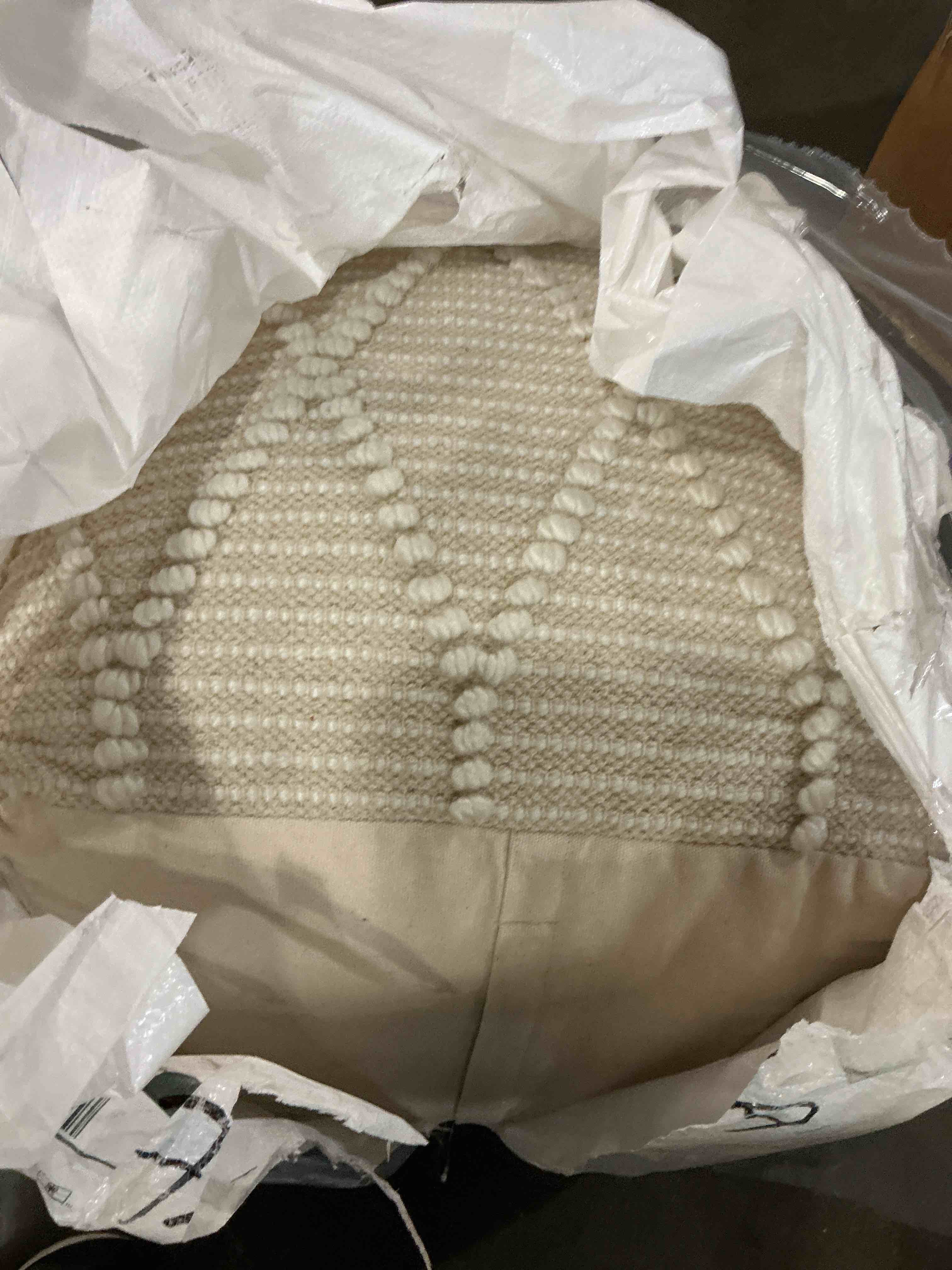 Condition photo showing Good Condition for ivory cotton pouf ottoman-diamond design, firm epp bead filling, footrest or extra seat for living room