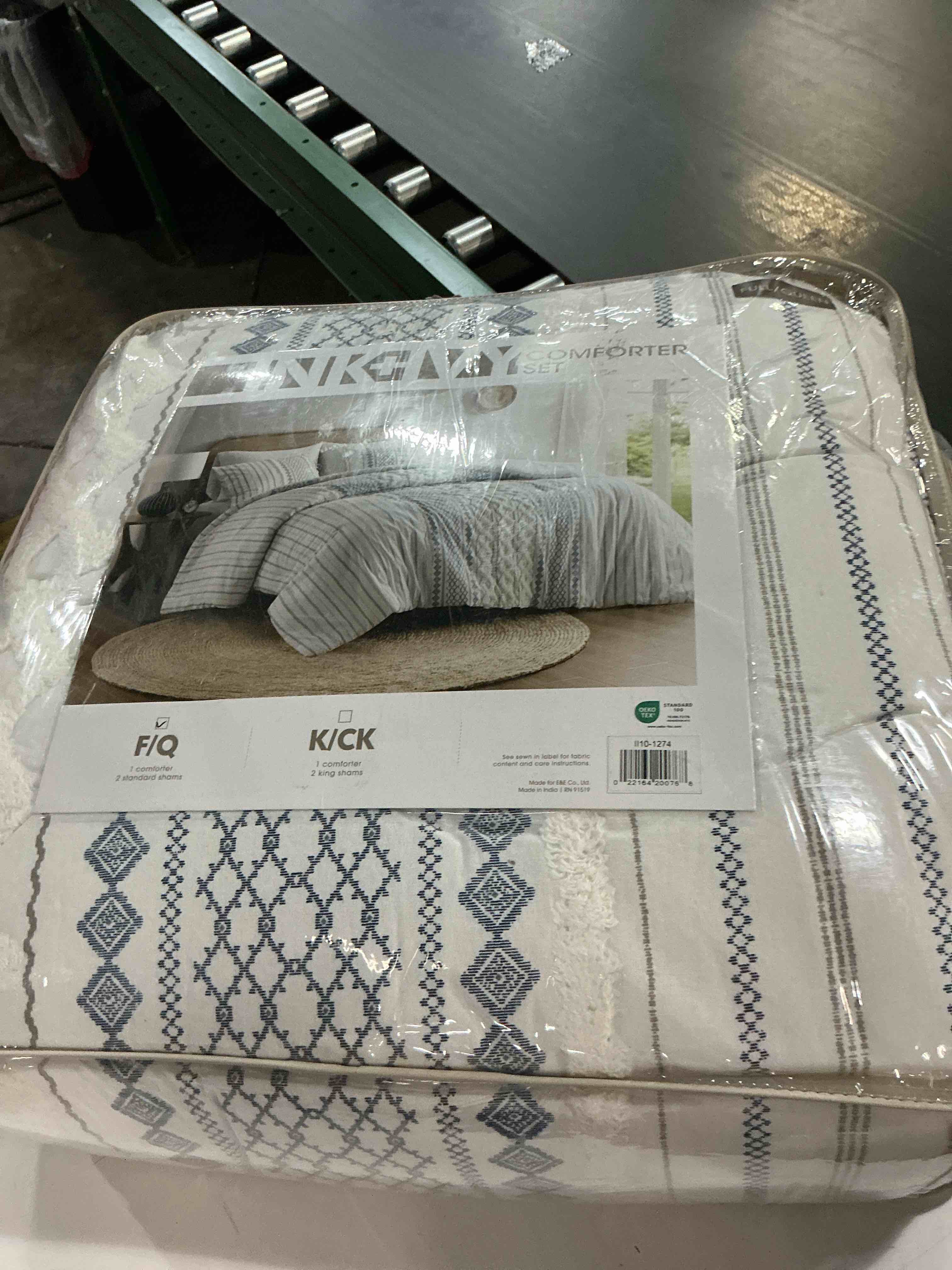 Condition photo showing New/Like New for ink+ivy 3pcfull/queen imani cotton printed comforter set with chenille navy blue/white: midweight, geometric pattern, oeko-tex certified