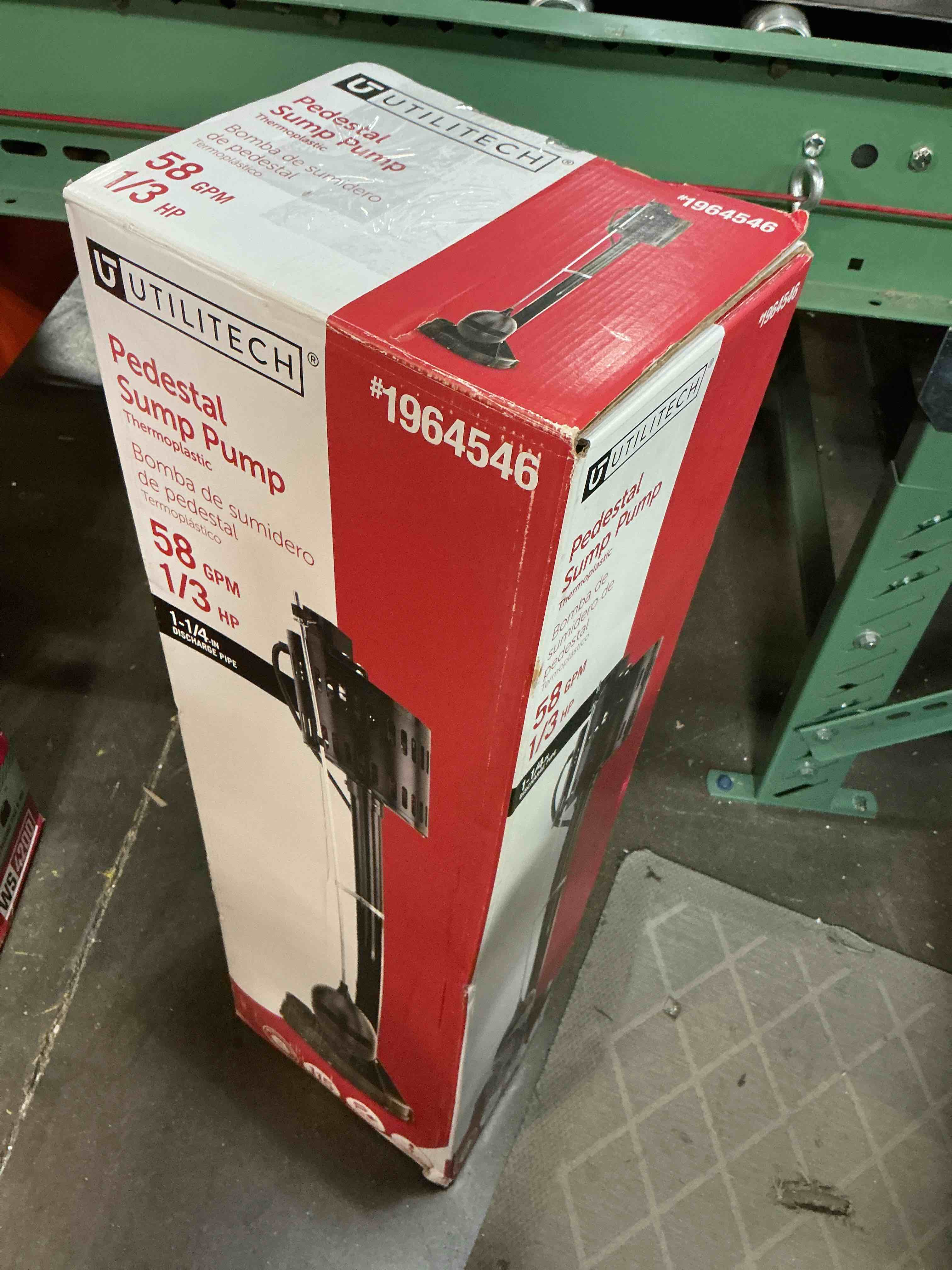 Condition photo showing As Is for utilitech 1/3-hp 115 -volt 58-gallon thermoplastic pedestal sump pump