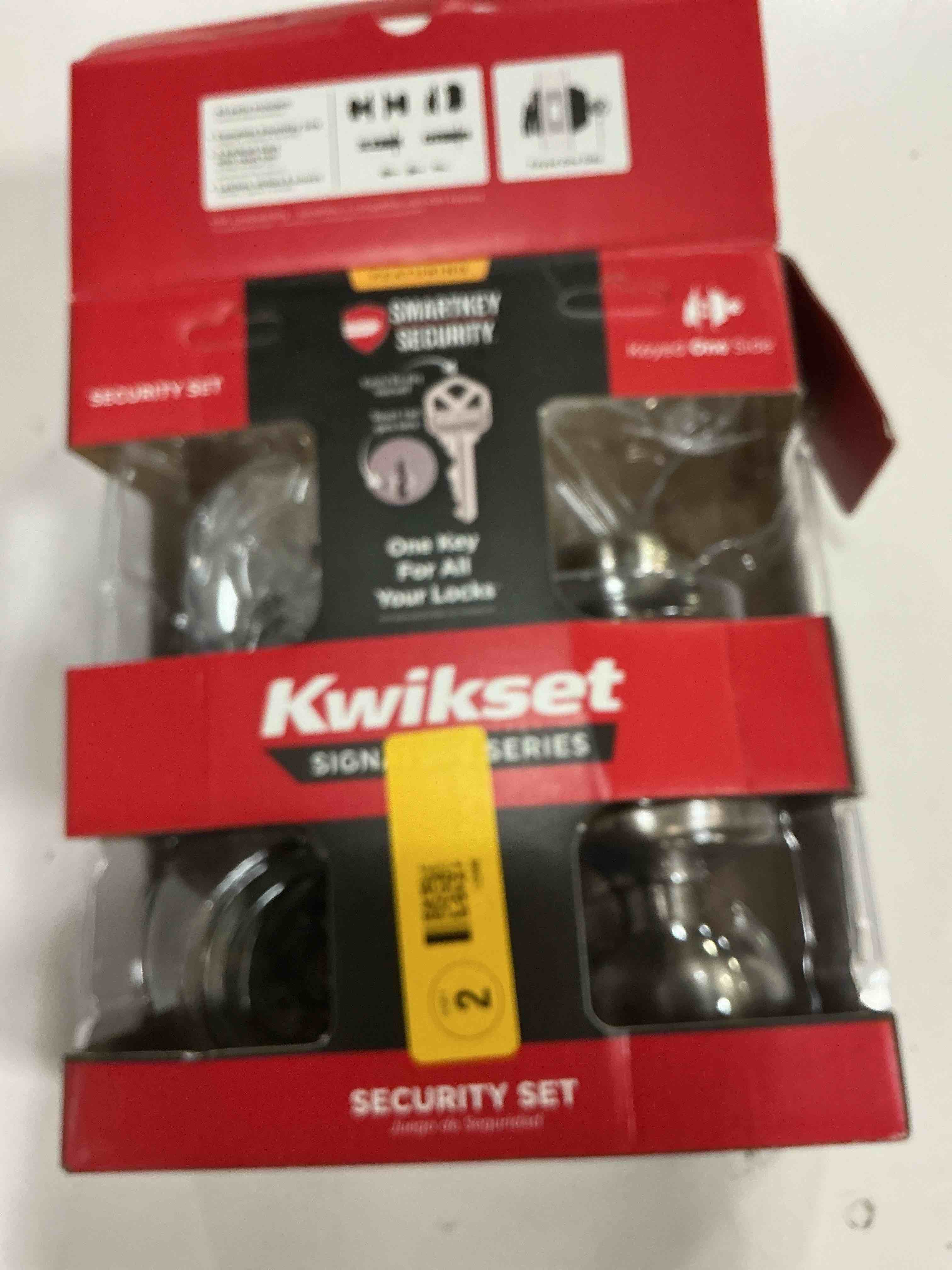 Condition photo showing As Is for kwikset juno keyed entry door knob and single cylinder deadbolt combo pack with microban antimicrobial protection featuring smartkey security in satin nickel satin nickel 1 pack combo pack