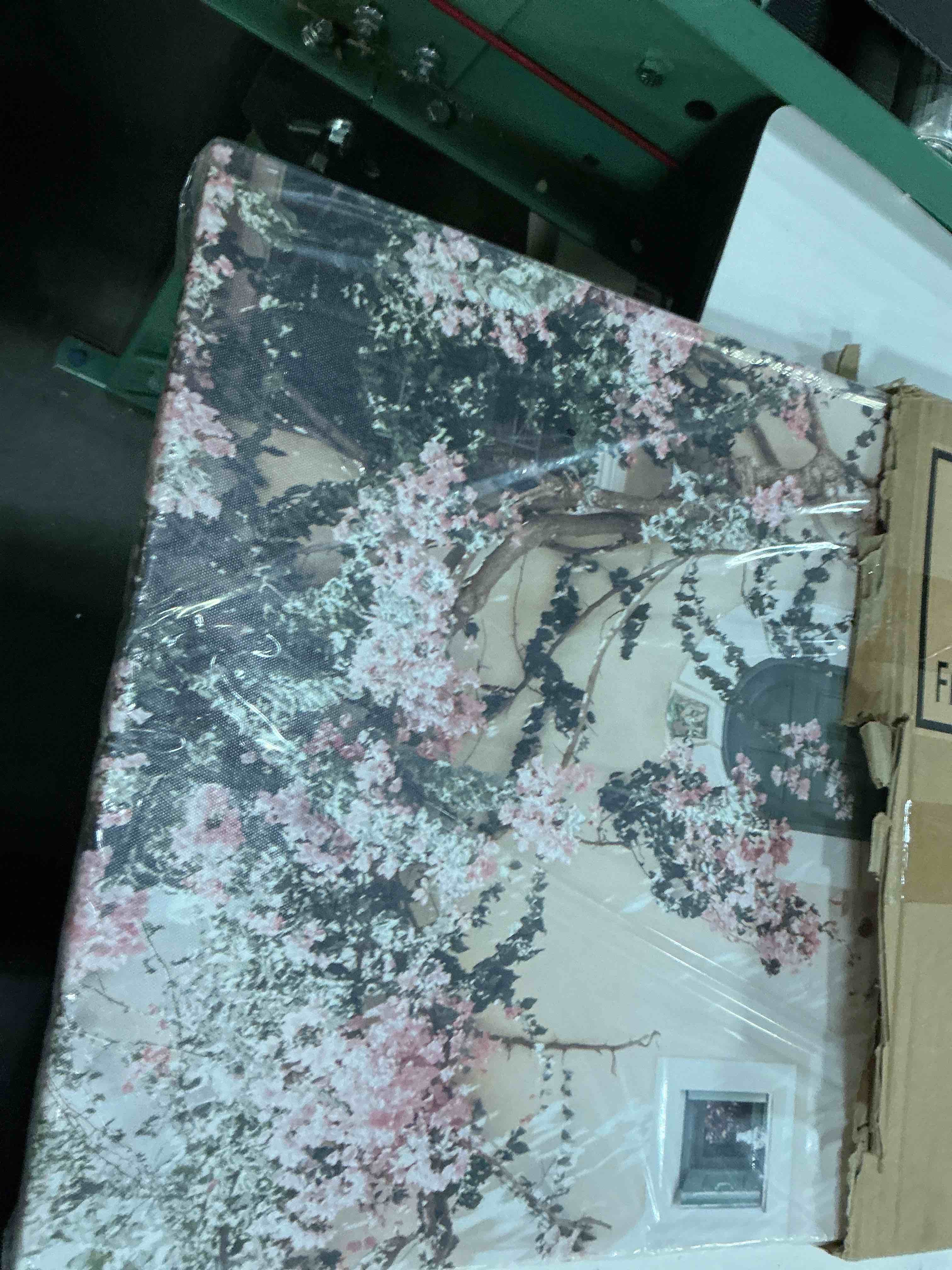 Condition photo showing Good Condition for minimalist landscape canvas wall art: modern greece island city picture relaxing blooming pink flowers painting warm green door building prints calming town scenery artwork for bedroom