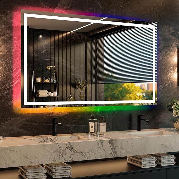 wtty led bathroom mirror 60"x36" with rgb backlit and front light,stepless dimmable led mirror for bathroom,lighted bathroom vanity mirror,anti-fog,memory function,shatter-proof,wall mounted