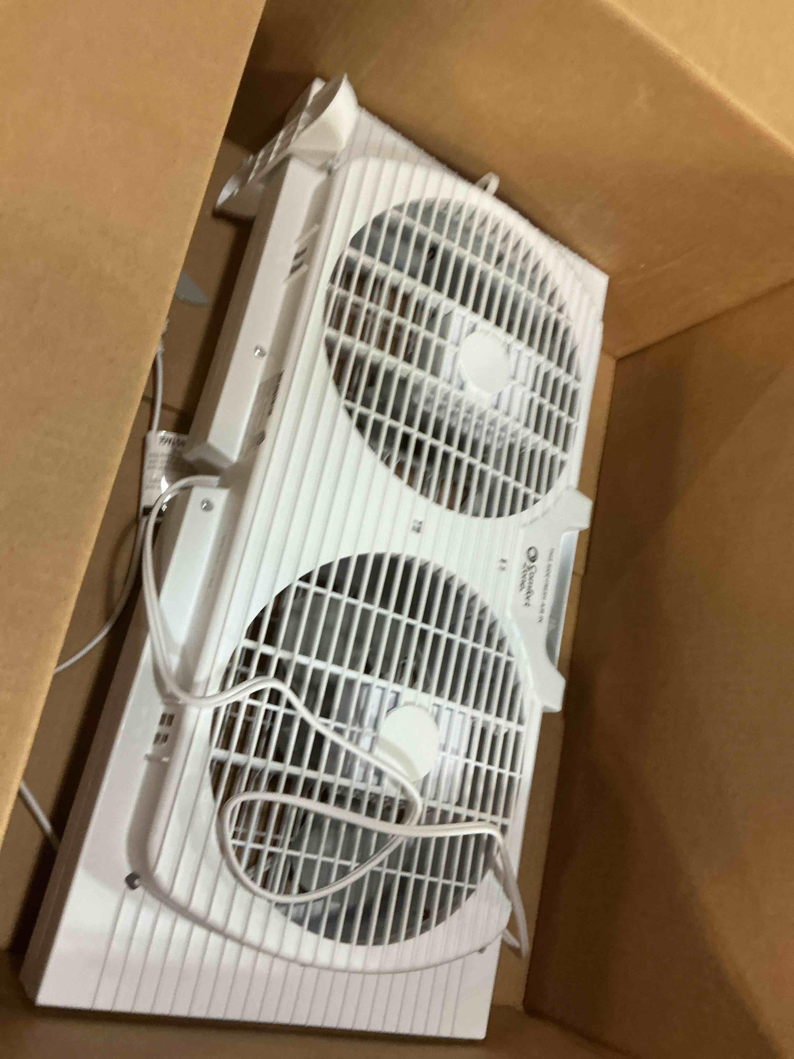 Condition photo showing As Is for comfort zone 9-inch 3-speed reversible twin window fan – dual blade window exhaust fan with auto-locking expanders, 22.25" to 33" wide – tabletop feet & removable bug screen included