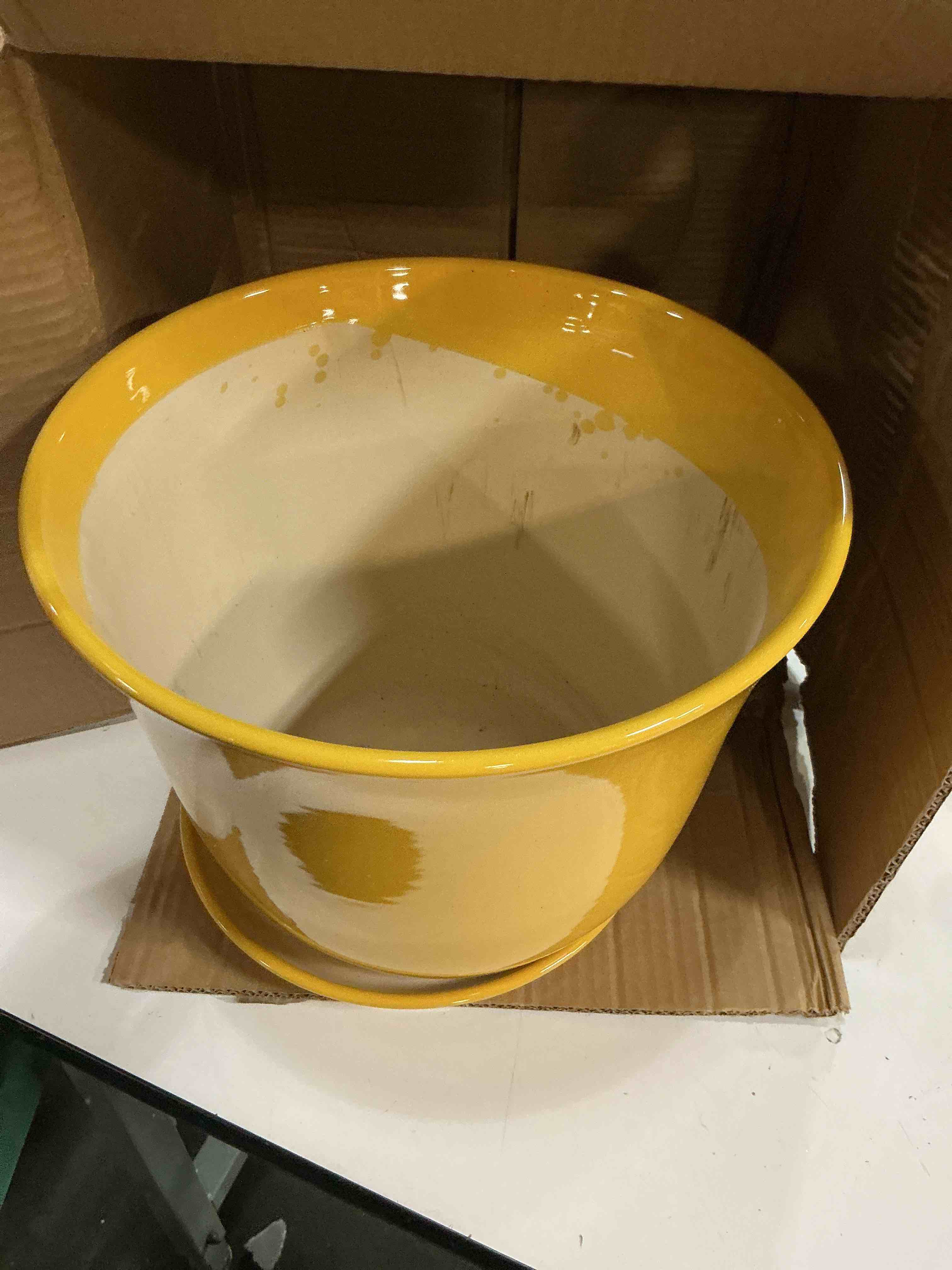 Condition photo showing Good Condition for botle classic round glazed ceramic planter with hole 12”x10”yellow