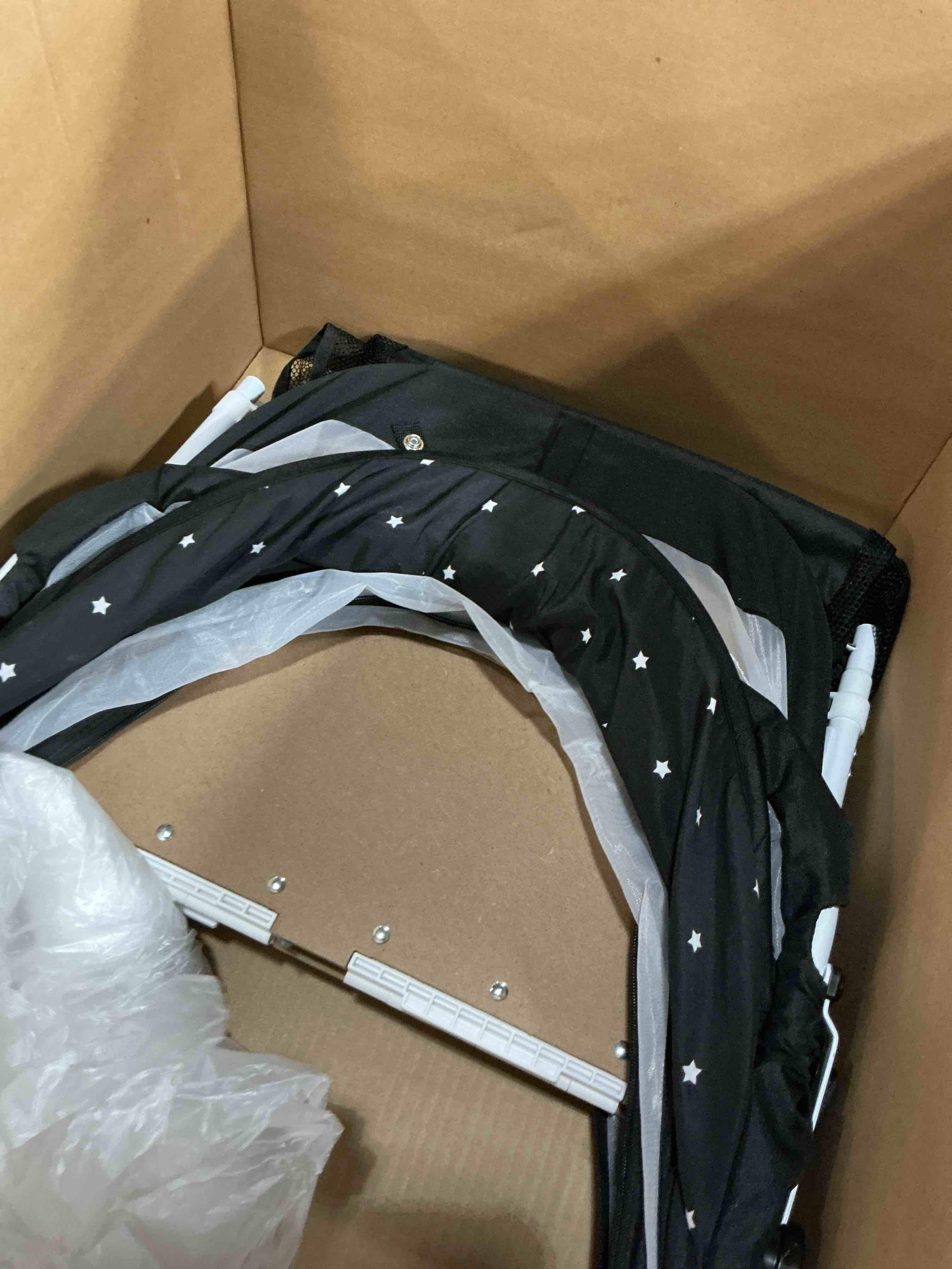 Condition photo showing As Is for (incomplete,missing pcs)dream on me karley bassinet, award winner lightweight travel baby bassinet, foldable bedside sleeper, adjustable double canopy, spacious design, soft fabric, storage basket – black and white