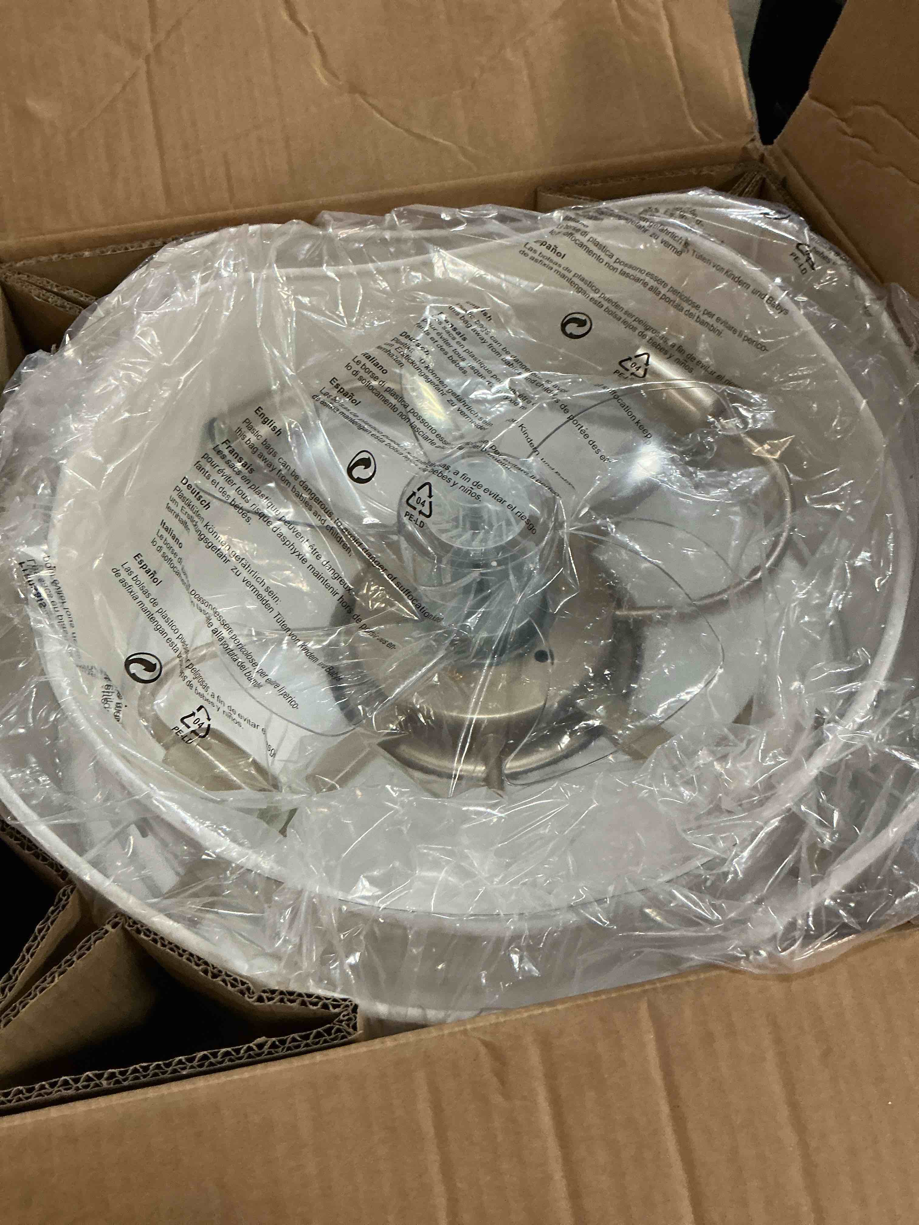 Condition photo showing As Is for (missing control)caged ceiling fan with lights, flush mount 20" boho ceiling fans with lights remote control, low profile fabric bladeless with 6 speeds for bedroom, nursery, kitchen white