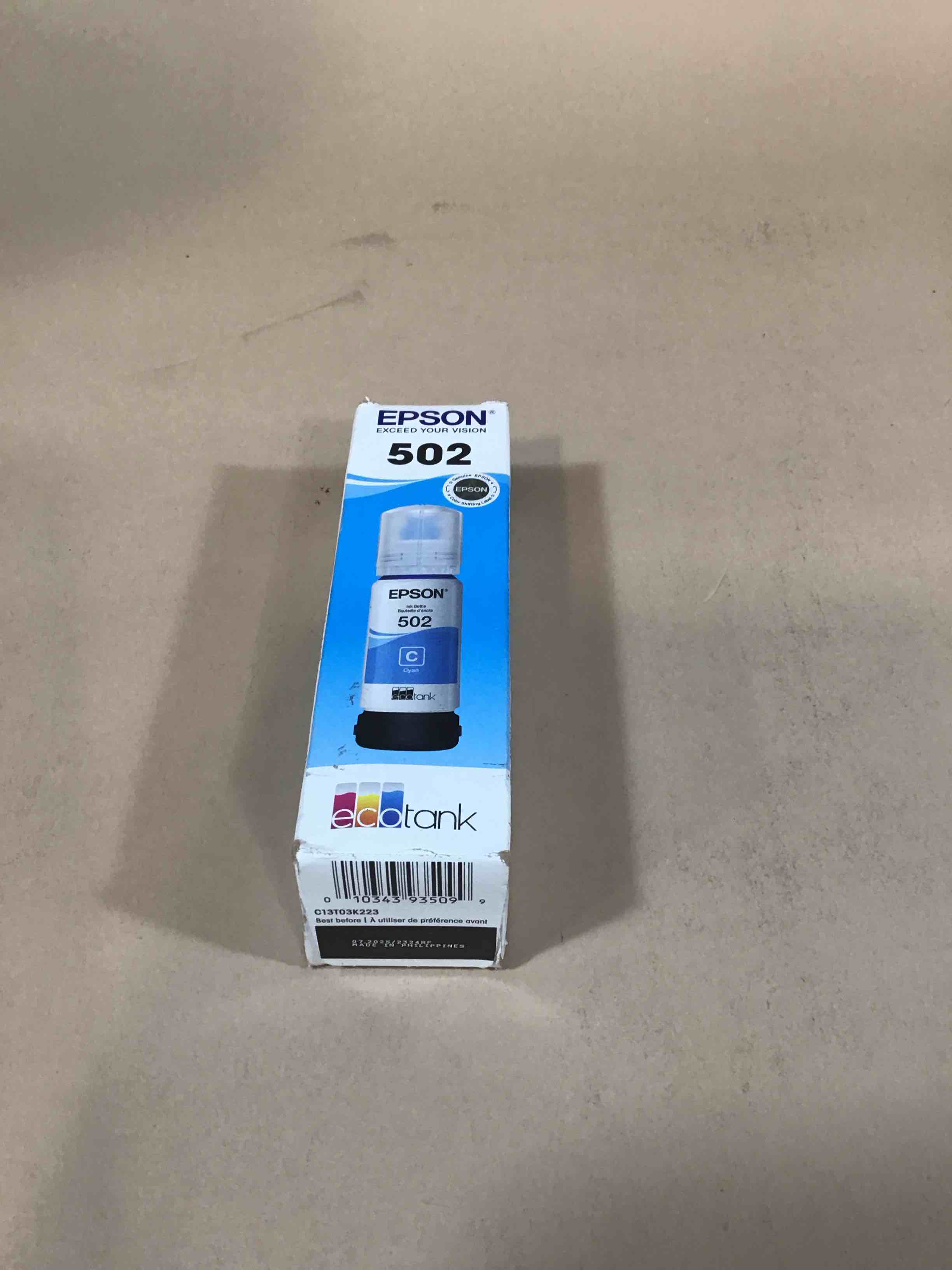 Condition photo showing New/Like New for epson 502 ecotank ink ultra-high capacity cyan bottle works with et-2750  et-2850  et-2980  et-2988  et-3750  et-3760  et-3850  et-4850  and other select ecotank models