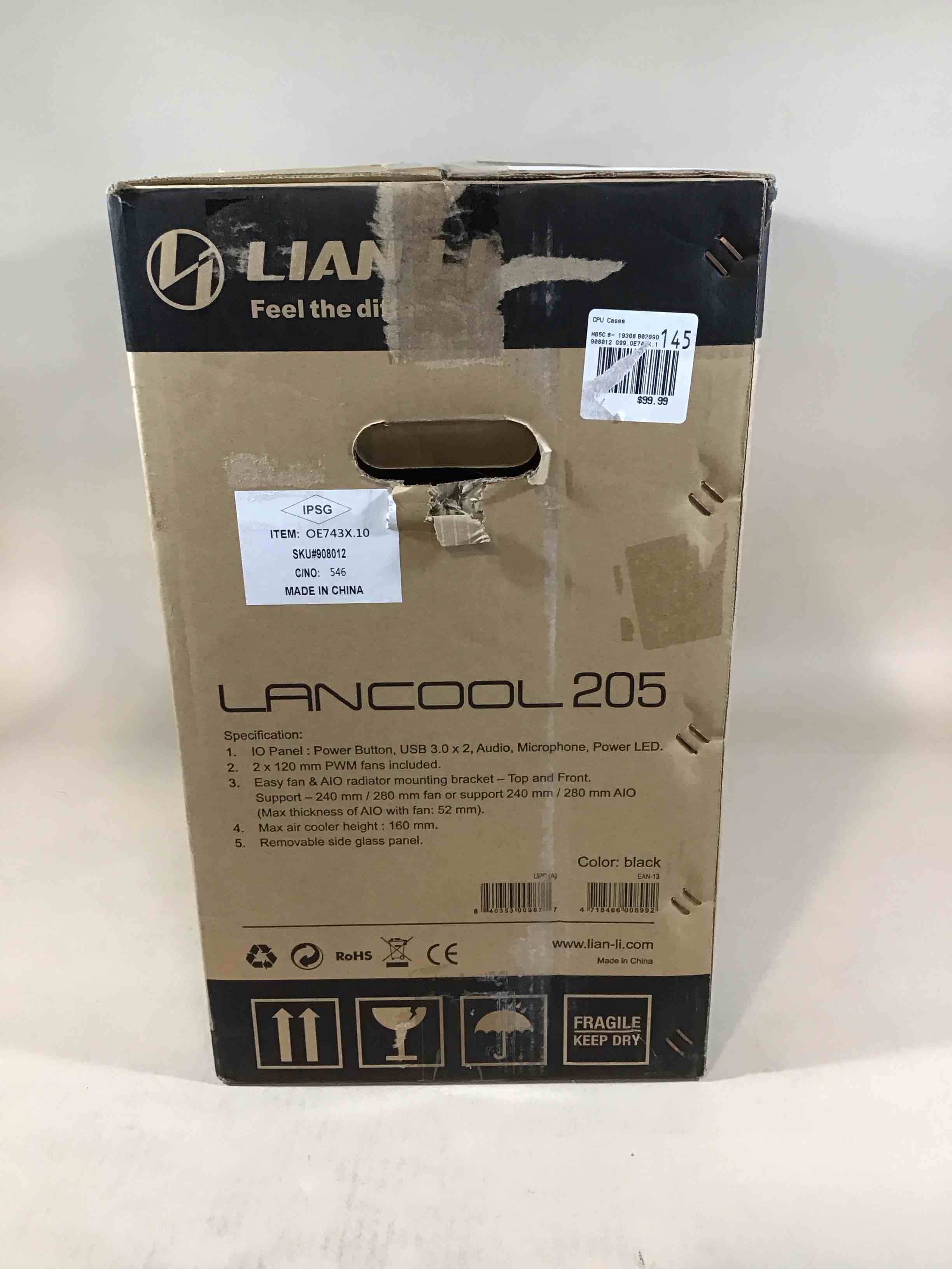 Condition photo showing As Is for lian li mid-tower chassis atx computer case pc gaming case w/tempered glass side panel, magnetic dust filter,water-cooling ready, side ventilation and 2x120mm fan pre-installed (lancool 205, black)