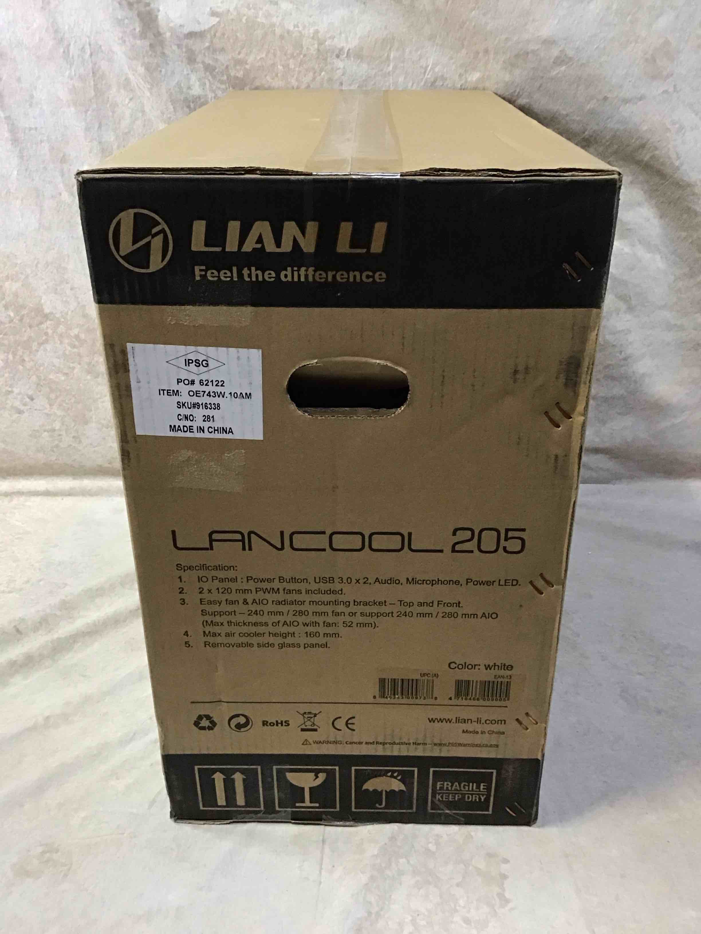 Condition photo showing New/Like New for lian li mid-tower chassis atx computer case pc gaming case w/tempered glass side panel, magnetic dust filter,water-cooling ready, side ventilation and 2x120mm fan pre-installed (lancool 205, white)