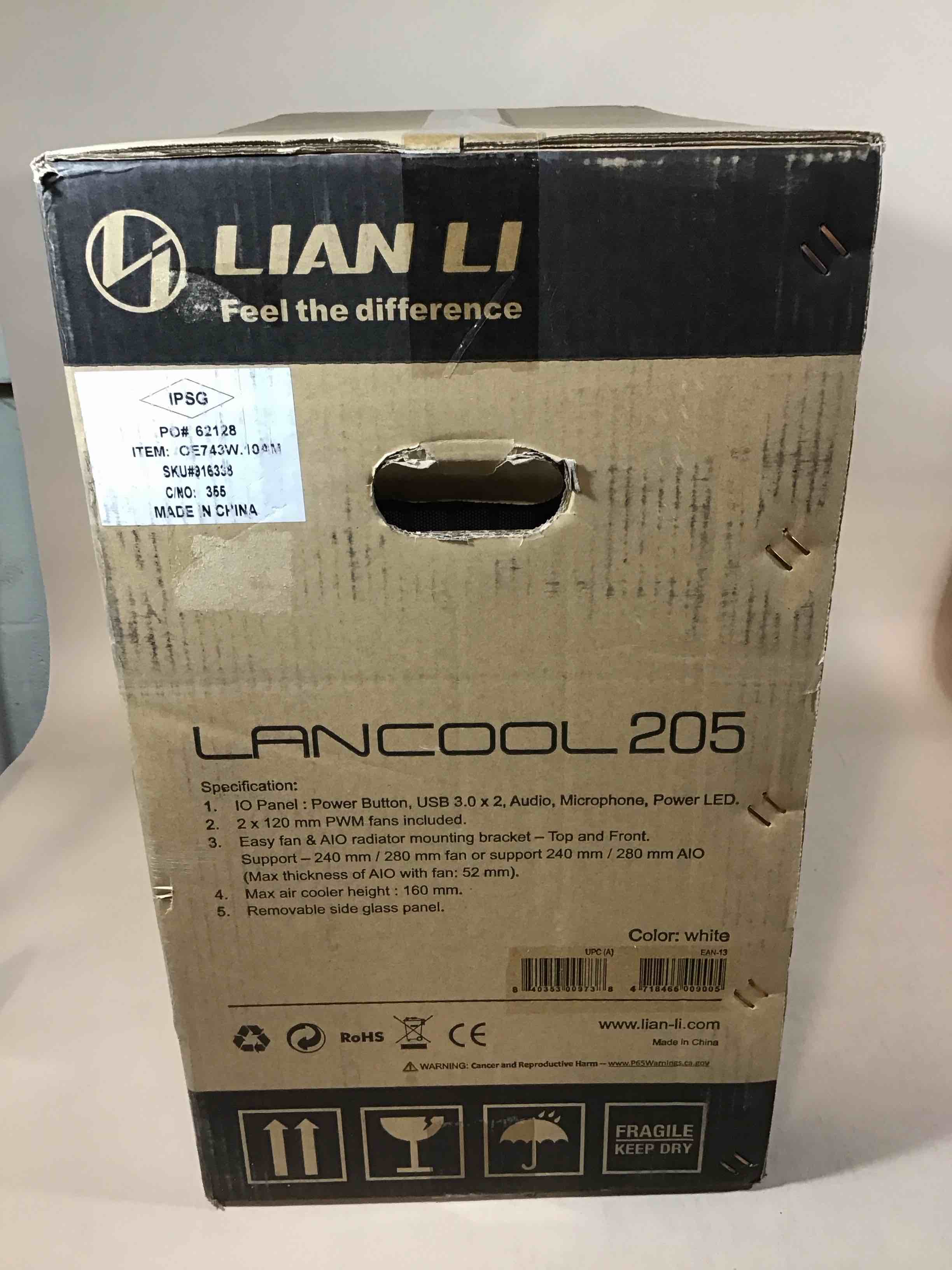 Condition photo showing New/Like New for lian li mid-tower chassis atx computer case pc gaming case w/tempered glass side panel, magnetic dust filter,water-cooling ready, side ventilation and 2x120mm fan pre-installed (lancool 205, white)
