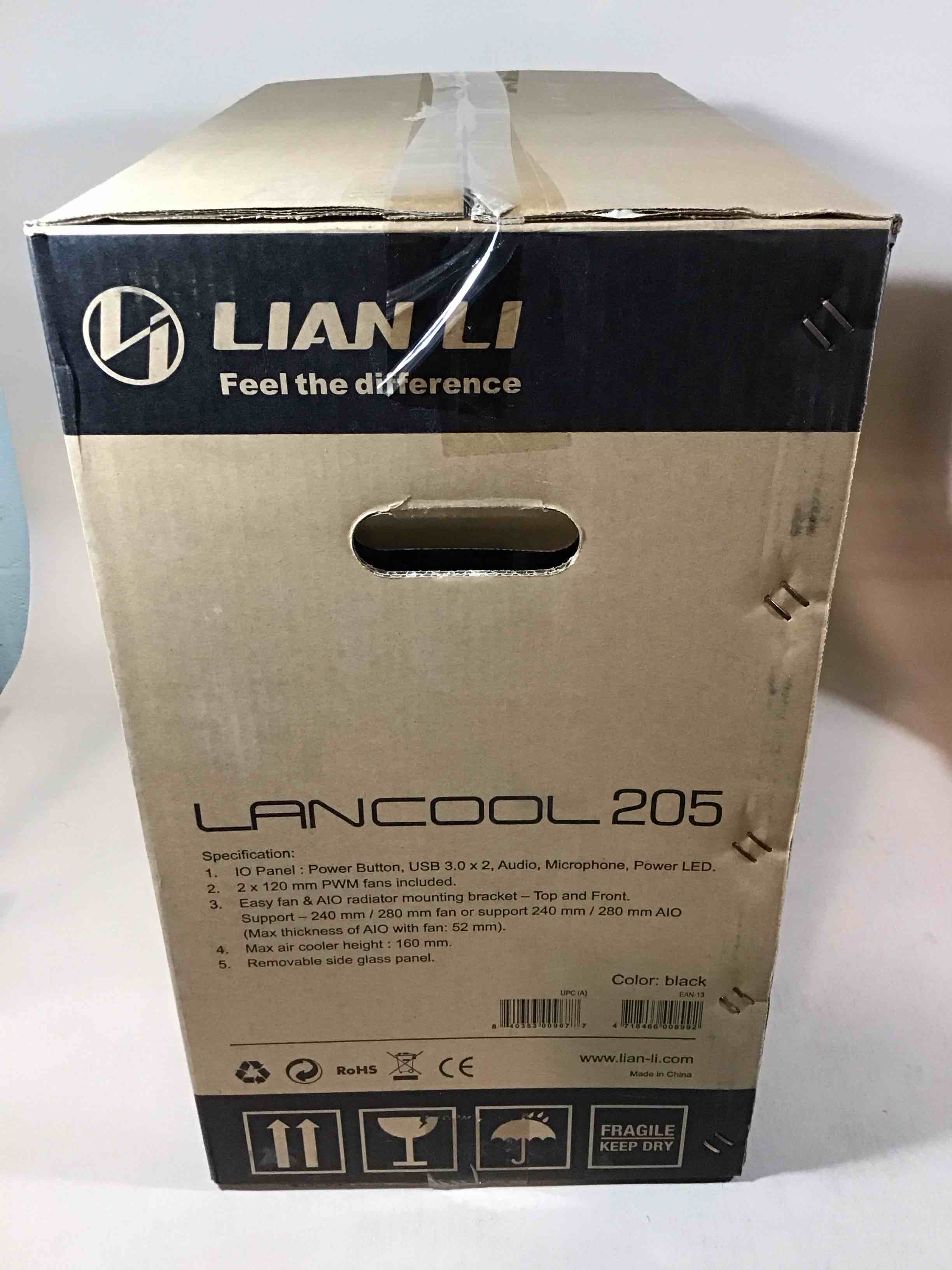 lian li mid-tower chassis atx computer case pc gaming case w/tempered glass side panel, magnetic dust filter,water-cooling ready, side ventilation and 2x120mm fan pre-installed (lancool 205, black)