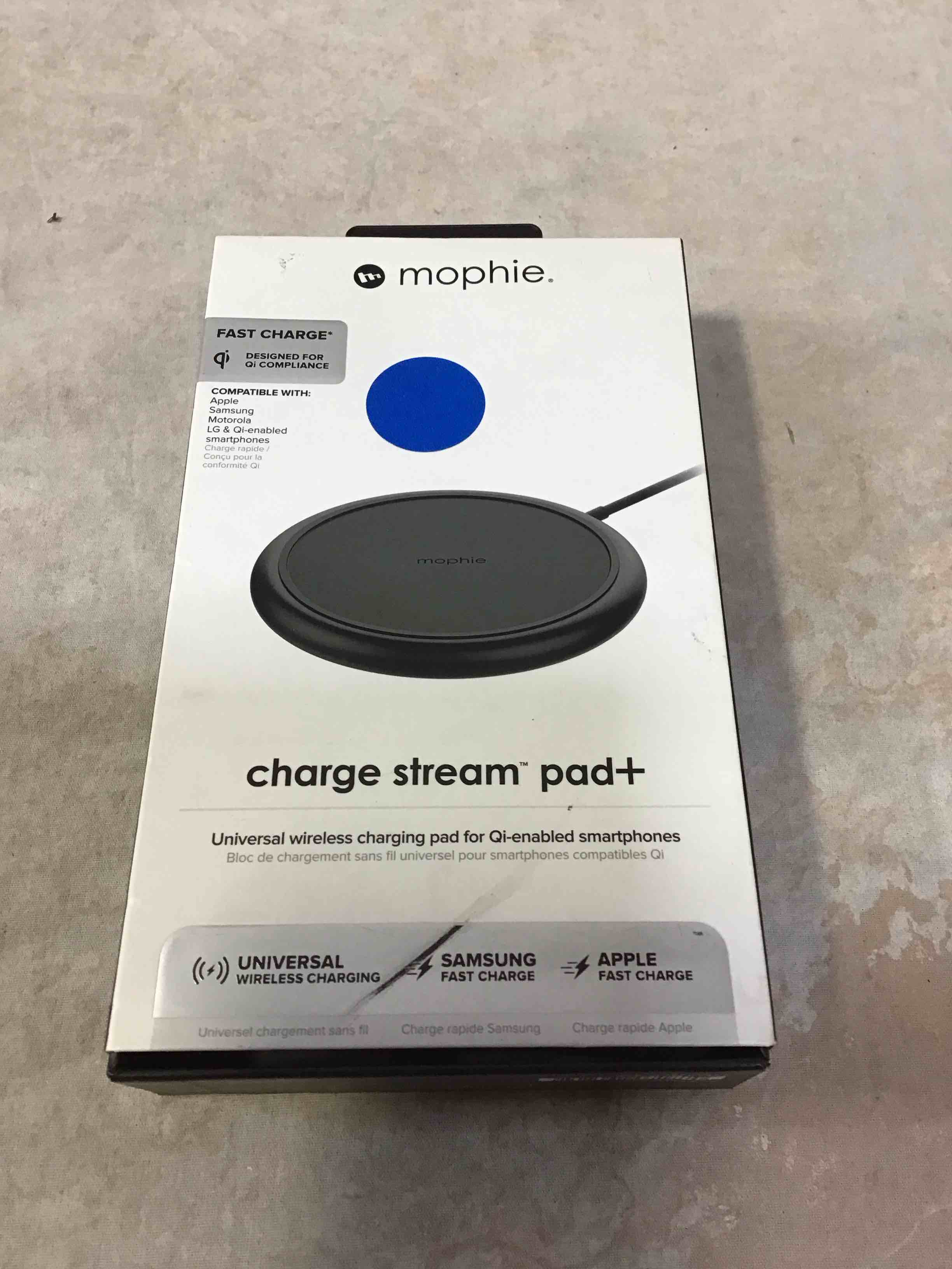 mophie Charge Stream Pad+ - 10W Qi-Certified for Fast Charging  Compatible with Apple iPhone  Google Pixel  Samsung Galaxy  Non-Slip Rubberized Grip  Compact & Lightweight (Black)