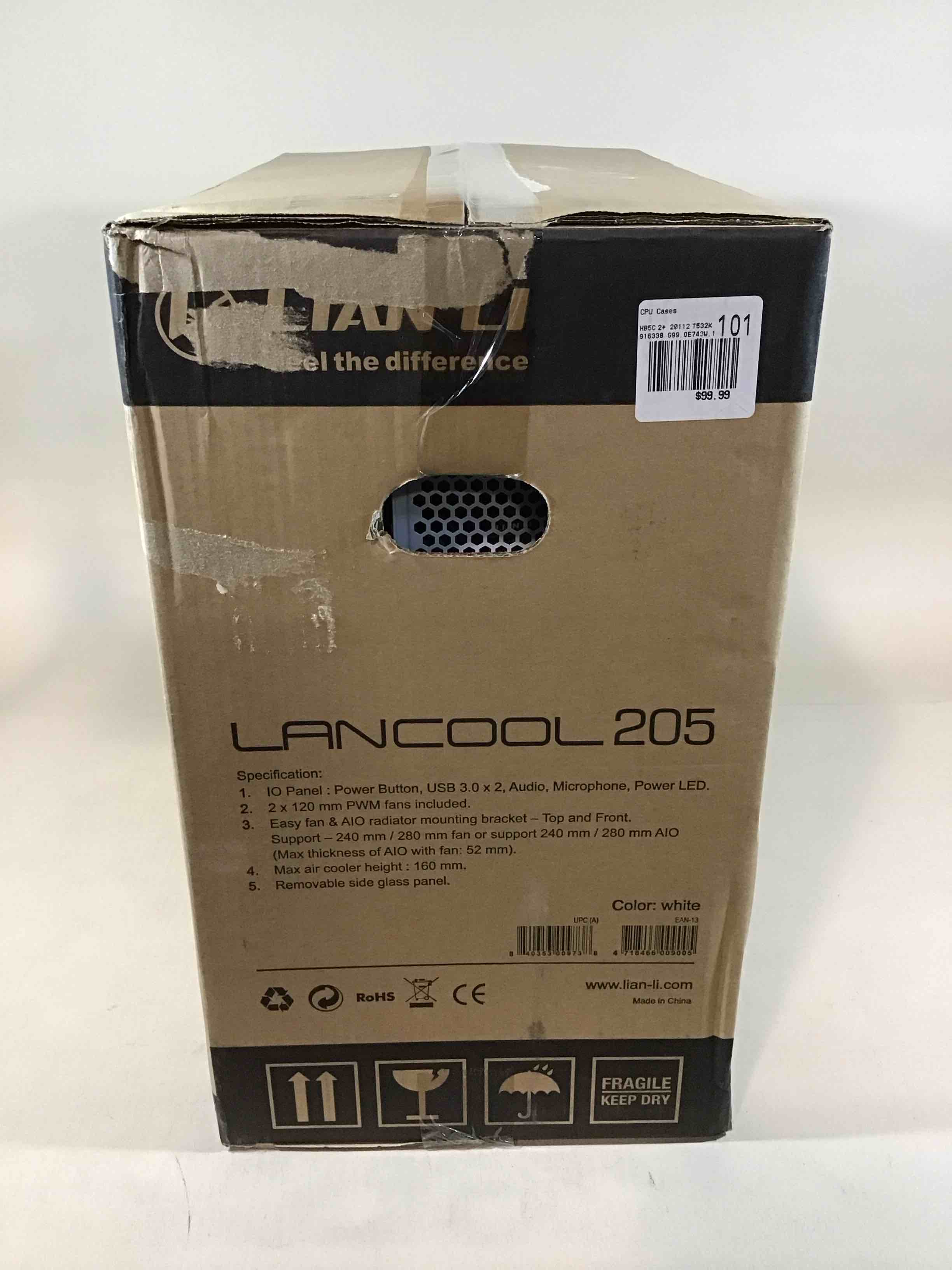 Condition photo showing New/Like New for lian li mid-tower chassis atx computer case pc gaming case w/tempered glass side panel, magnetic dust filter,water-cooling ready, side ventilation and 2x120mm fan pre-installed (lancool 205, white)