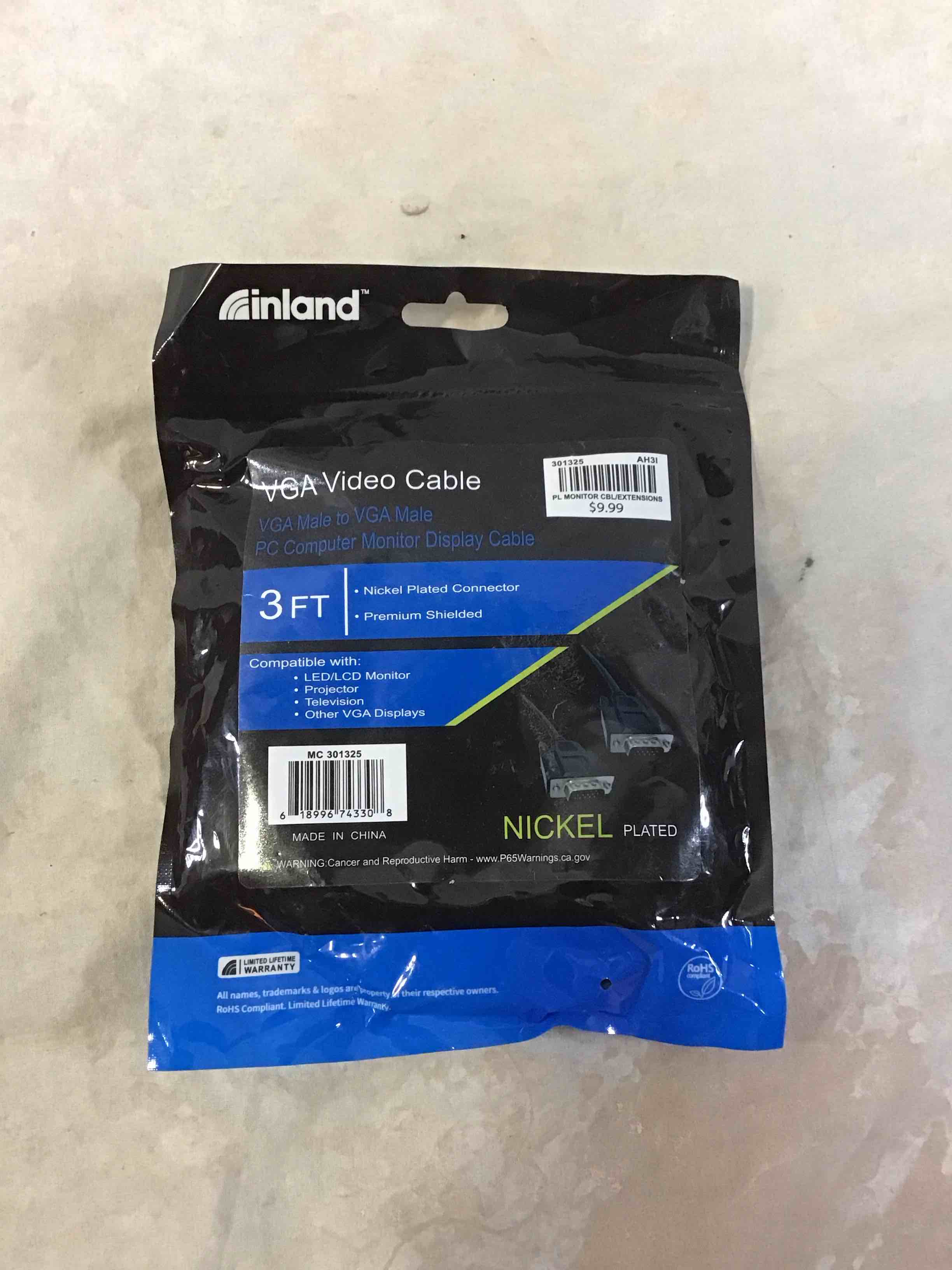 inland vga male to vga male cable 3ft - black