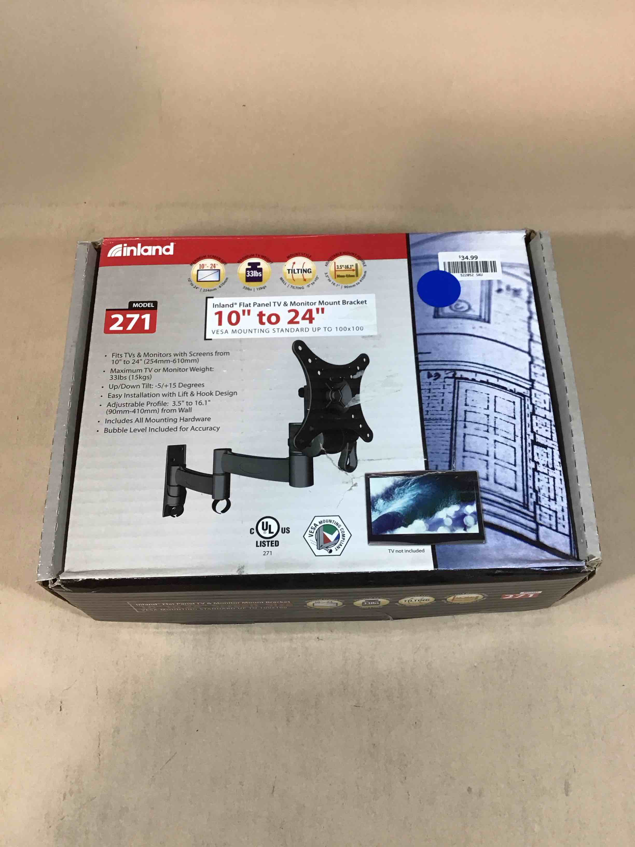 Inland Model 271 Flat Screen Tv & Monitor Mount Bracket Mounting 10