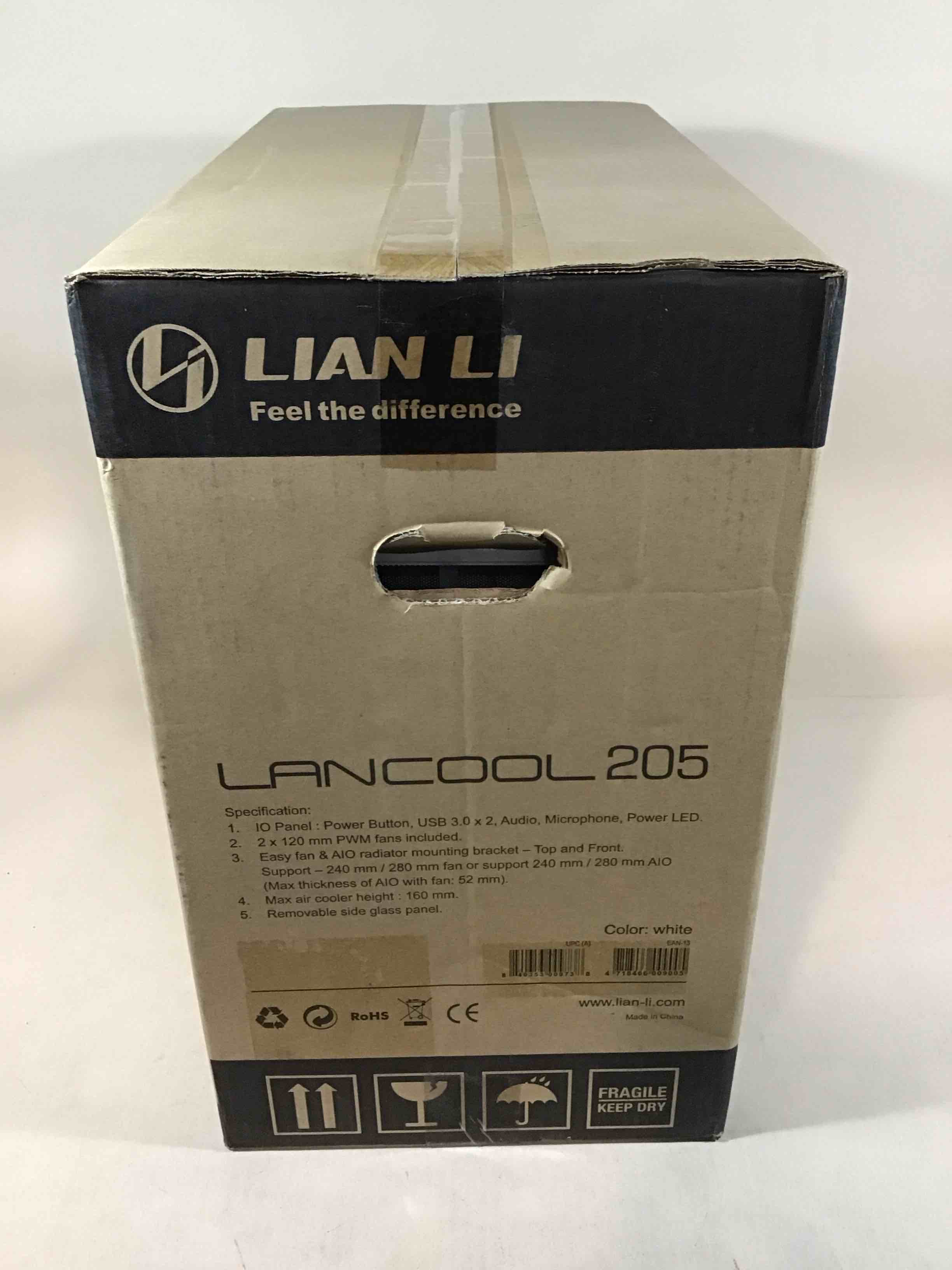 Condition photo showing New/Like New for lian li mid-tower chassis atx computer case pc gaming case w/tempered glass side panel, magnetic dust filter,water-cooling ready, side ventilation and 2x120mm fan pre-installed (lancool 205, white)