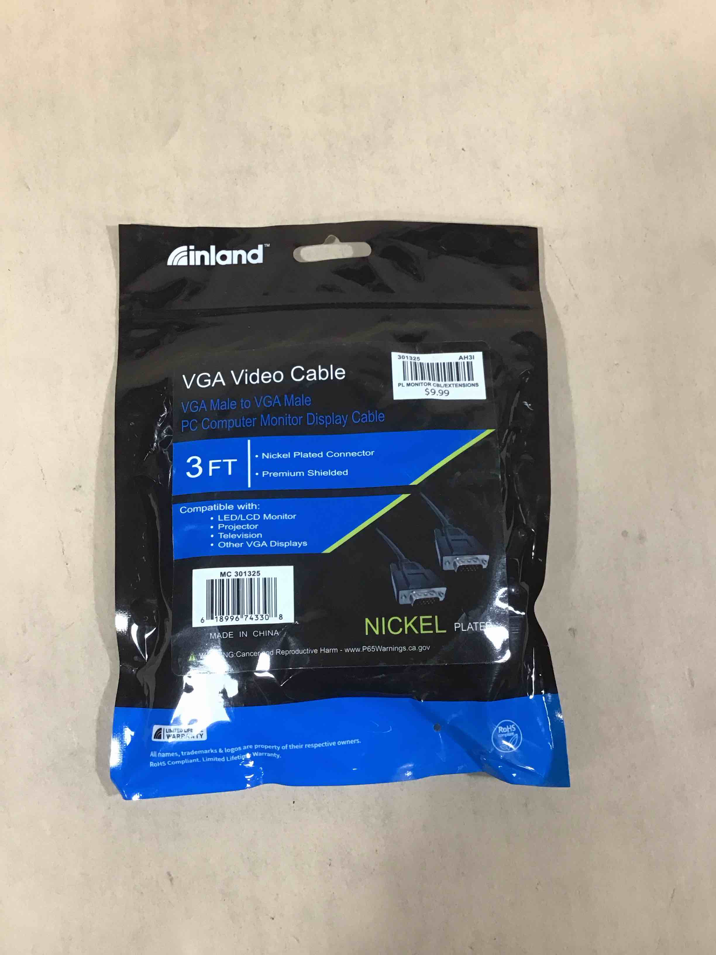 inland vga male to vga male cable 3ft - black