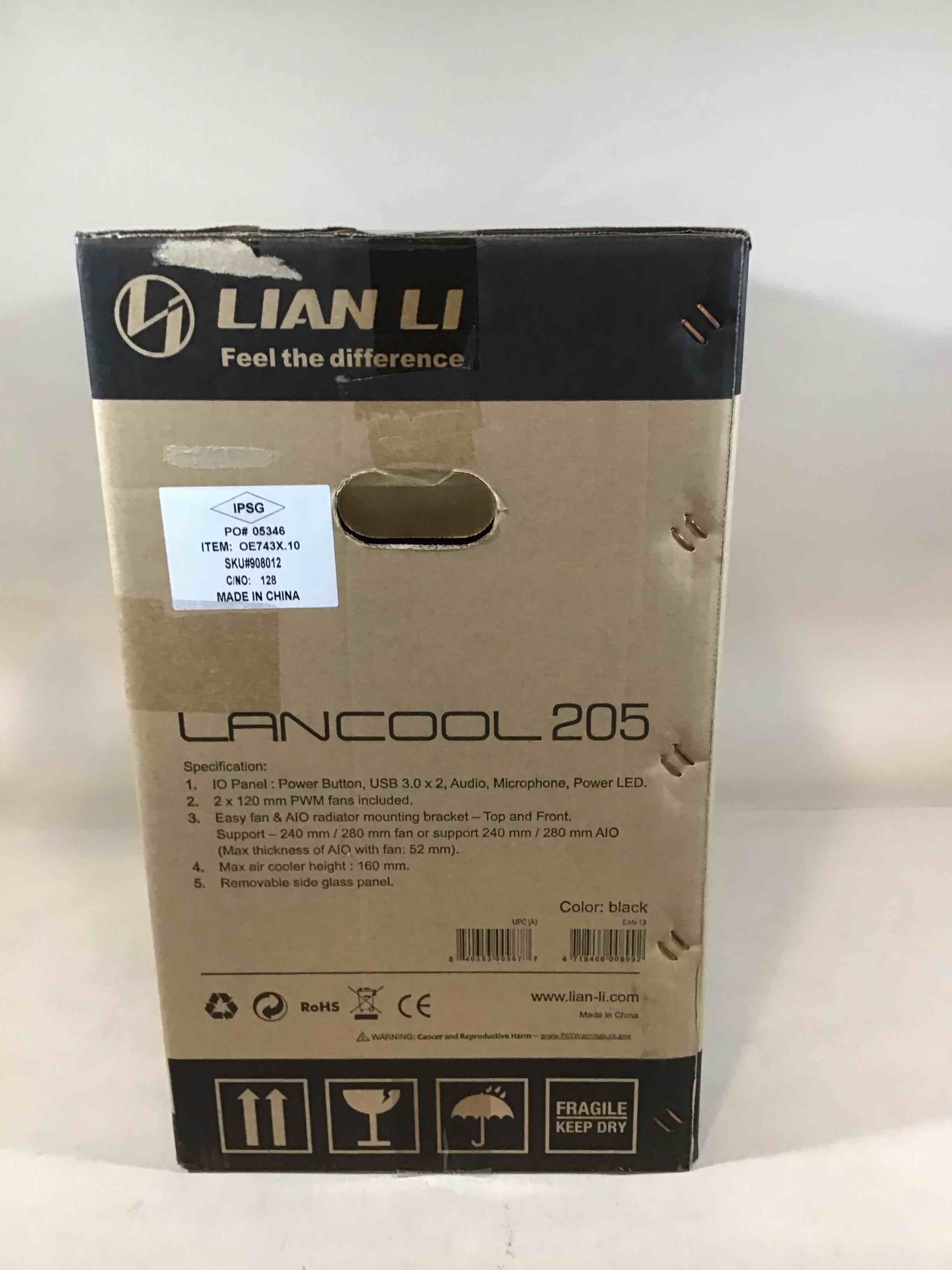 Condition photo showing New/Like New for lian li mid-tower chassis atx computer case pc gaming case w/tempered glass side panel, magnetic dust filter,water-cooling ready, side ventilation and 2x120mm fan pre-installed (lancool 205, black)