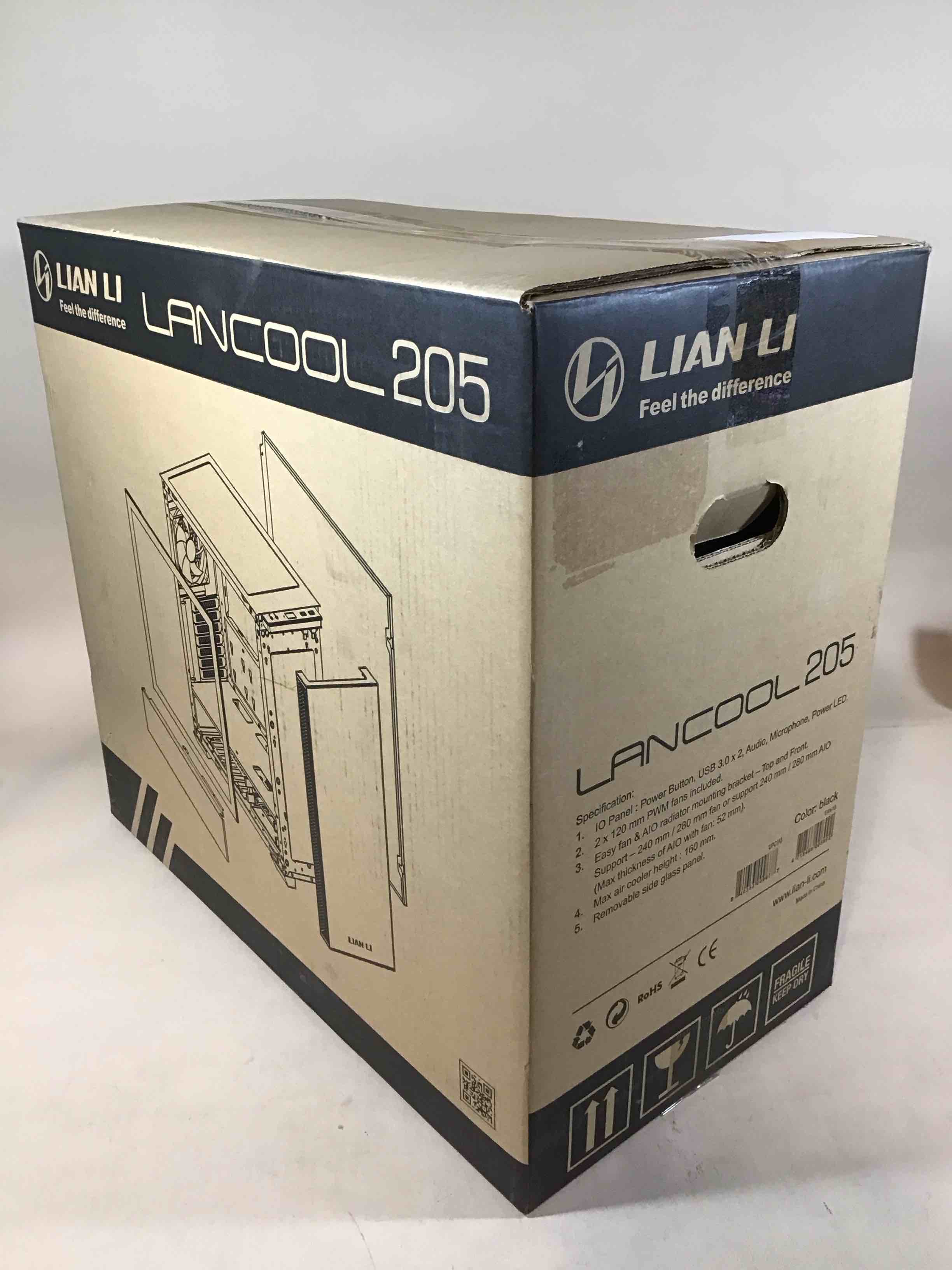 Condition photo showing As Is for lian li mid-tower chassis atx computer case pc gaming case w/tempered glass side panel, magnetic dust filter,water-cooling ready, side ventilation and 2x120mm fan pre-installed (lancool 205, black)