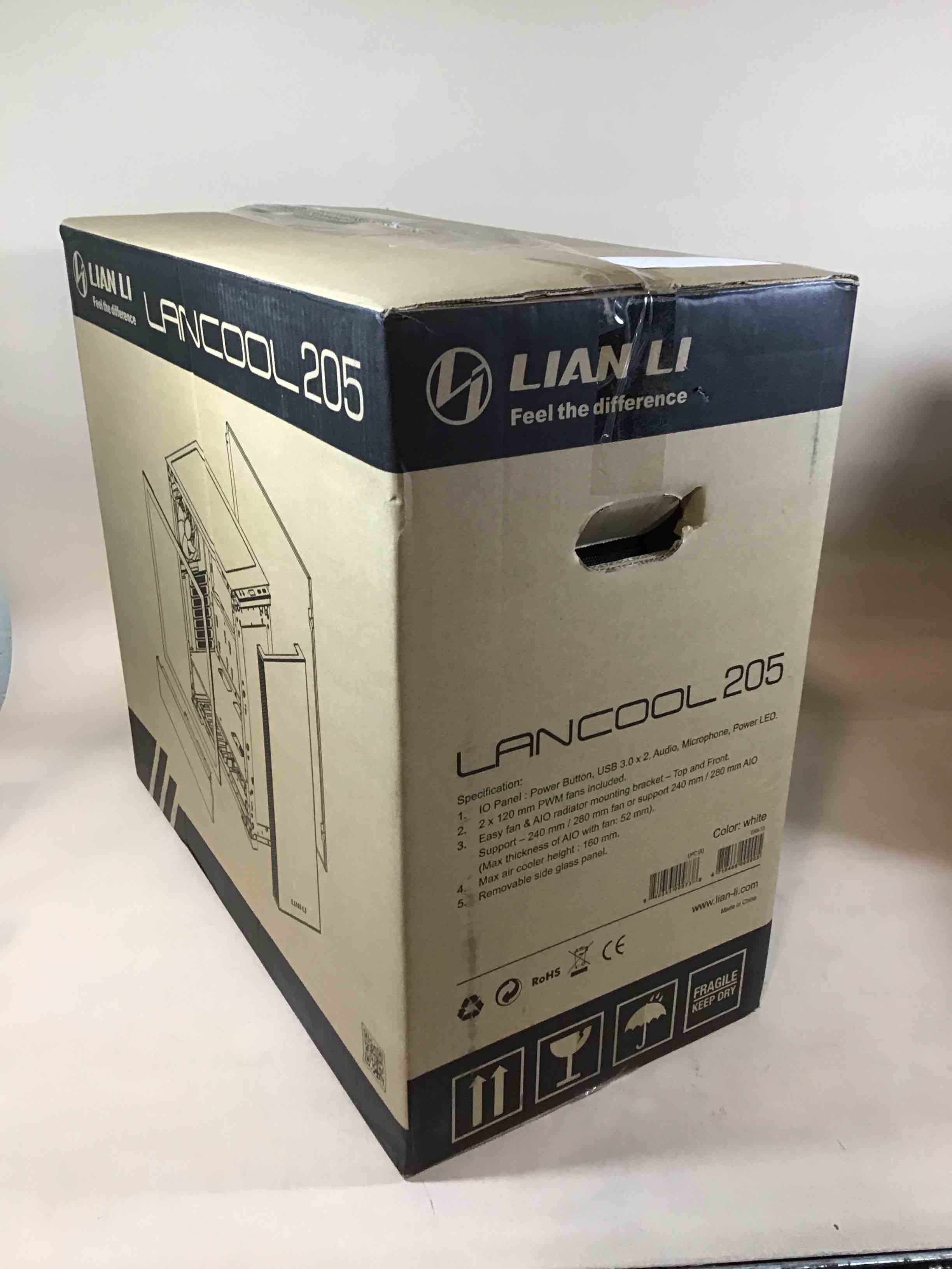 Condition photo showing As Is for lian li mid-tower chassis atx computer case pc gaming case w/tempered glass side panel, magnetic dust filter,water-cooling ready, side ventilation and 2x120mm fan pre-installed (lancool 205, white)