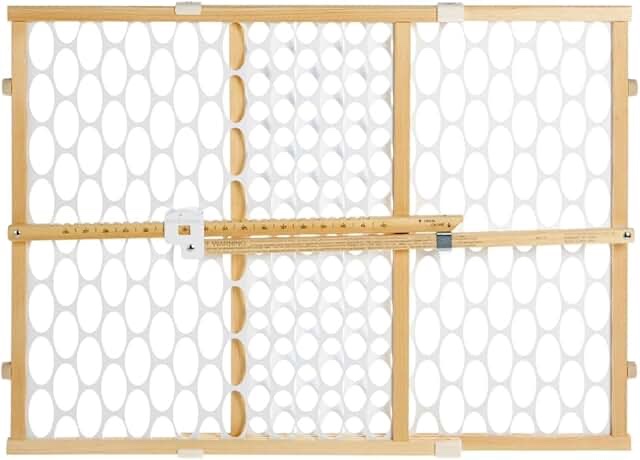 toddleroo by north states quick fit oval mesh wooden baby gate: 26.5"- 42" wide. pressure mounted baby gate for doorway. tension lever for quick custom fit. (23" tall, sustainable hardwood)