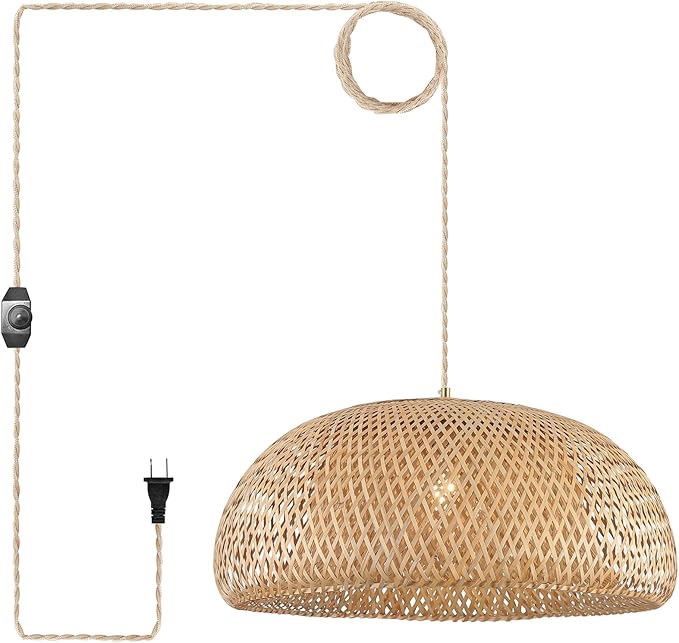 bamboo plug in pendant light with 14ft handmade woven light cord, dimmable switch, rustic basket x-large hanging lamp for bedroom kitchen island dining room living room, 23.6 inch width