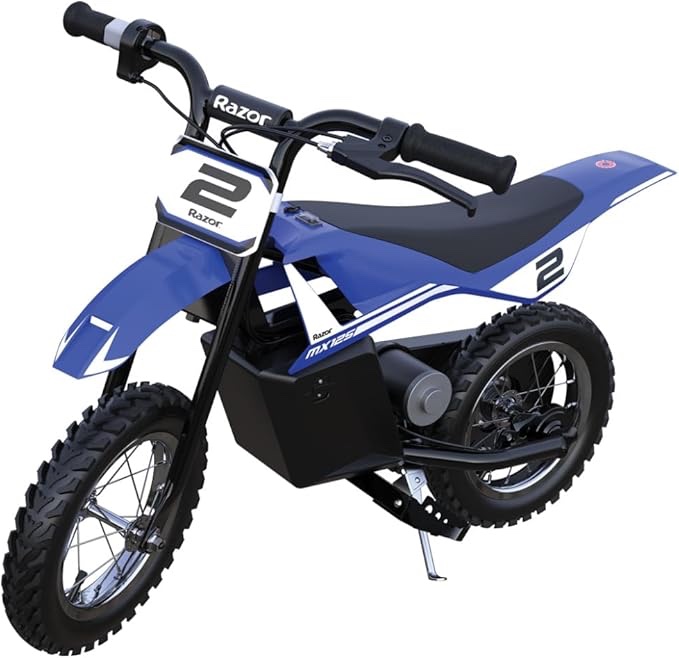 razor mx125 dirt rocket electric-powered bike with authentic motocross geometry, rear-wheel drive,100-watt, high-torque, chain-driven motor, for kids 7+, blue