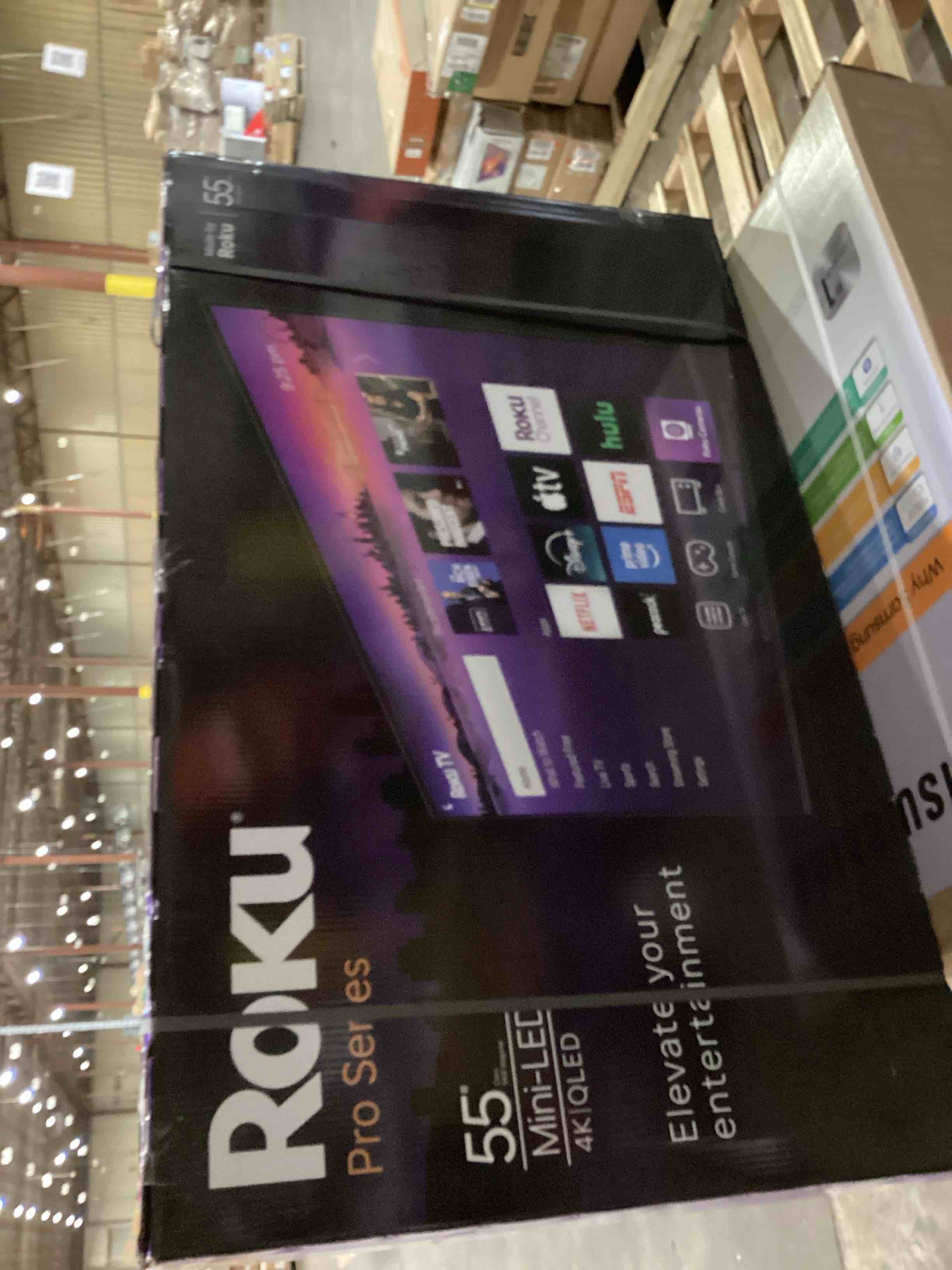 Condition photo showing New/Like New for new only has damage so side of box! roku smart tv – 55-inch pro series 4k qled rokutv with backlit roku voice remote pro, dolby vision iq, 120hz refresh rate – live local news, sports, gaming tv only 55"