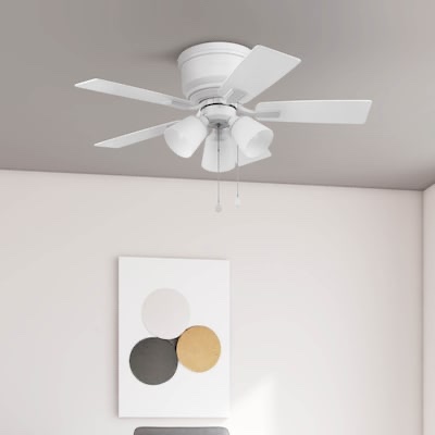 Harbor Breeze Coachman Easy2Hang 42-in White with White/Natural Blades Flush Mount Ceiling