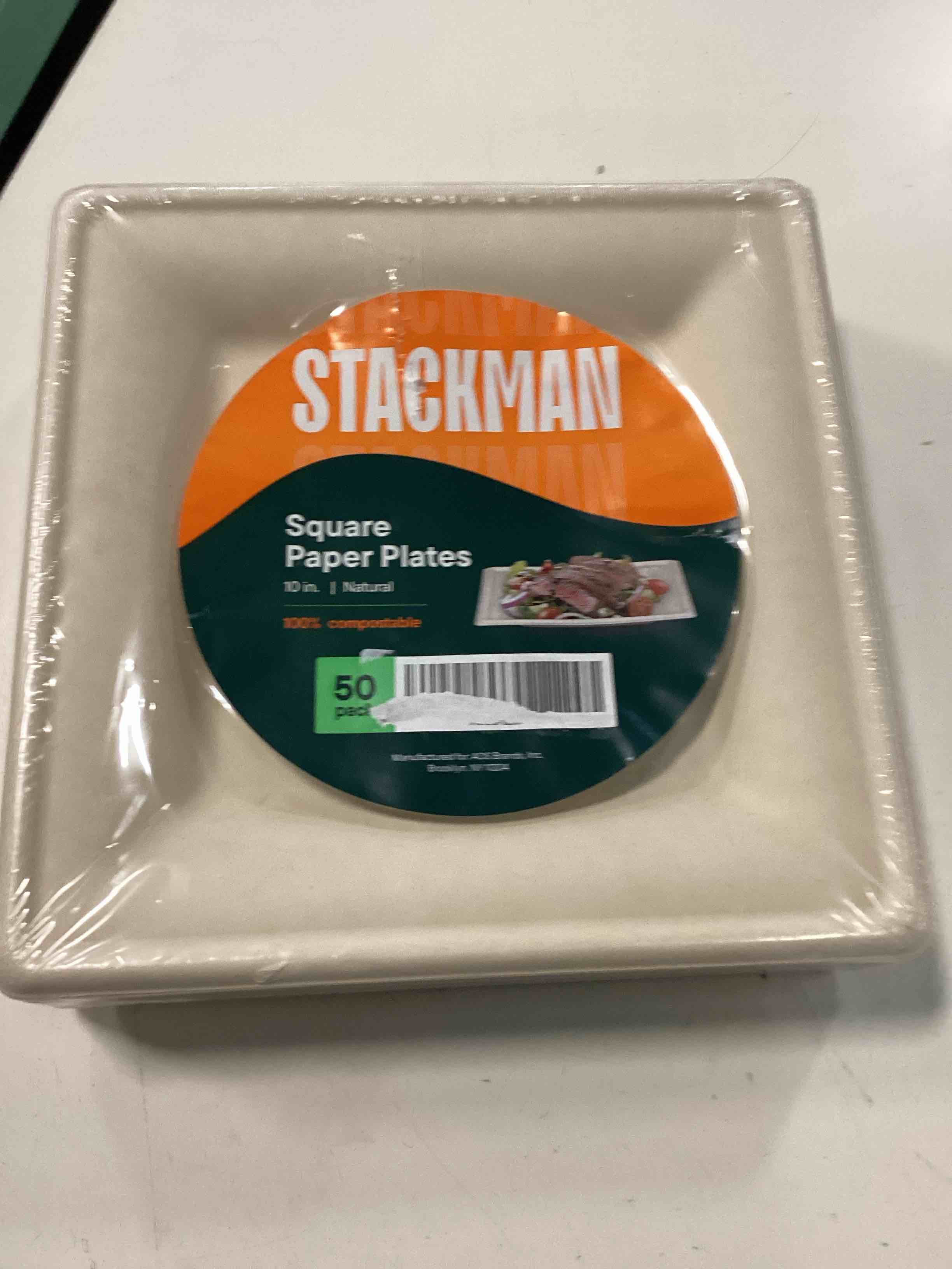 Condition photo showing New/Like New for 100% compostable square paper plates [50-pack] - {pfas-free} - {bpi certified} - [10 inch] heavy duty, eco-friendly, biodegradable bagasse dinner plates - natural brown 10" plate by stack man square 10"