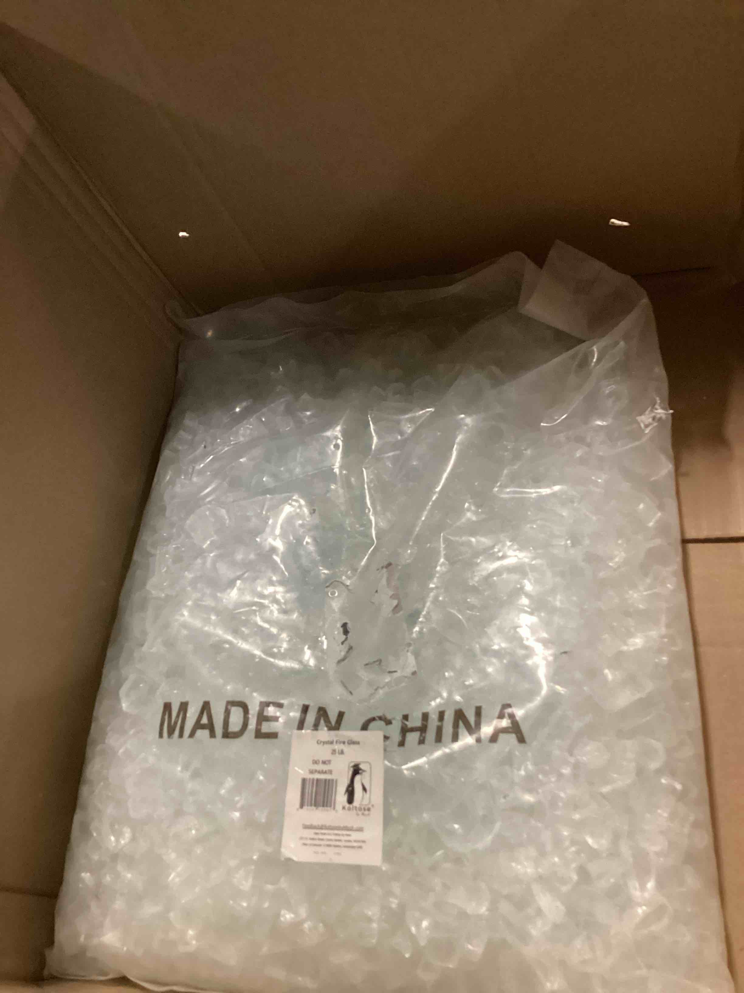 Condition photo showing Good Condition for crystal fire glass, 25 lb pounds of ½ in. premium tempered fire pit glass, transparent fireglass for fire pit, fire table, fireplace, natural gas and propane, fire glass pellets rocks