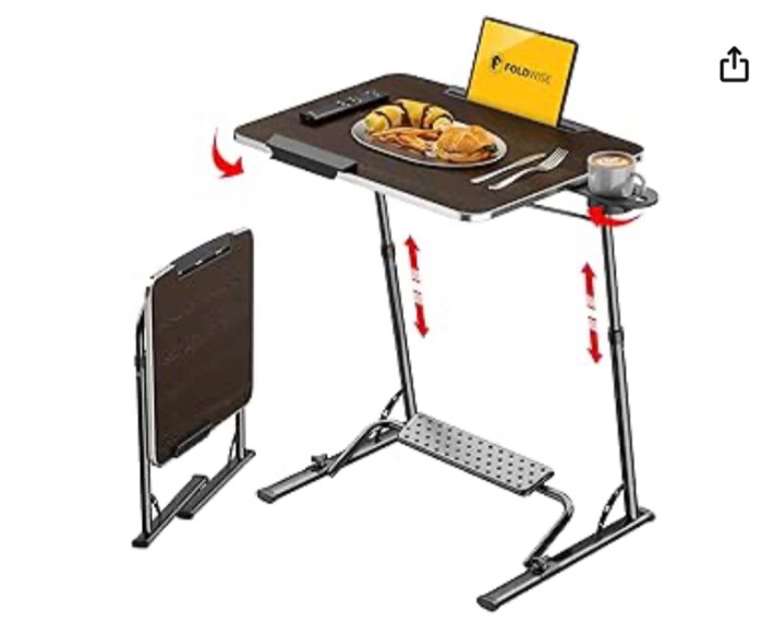 foldwise upgraded folding tv tray table - extra large & sturdy laptop table for couch, height & angle adjustable desk for dinner, work & tv - includes footrest, cup holder, ipad holder & edge stopper ( - bright wood