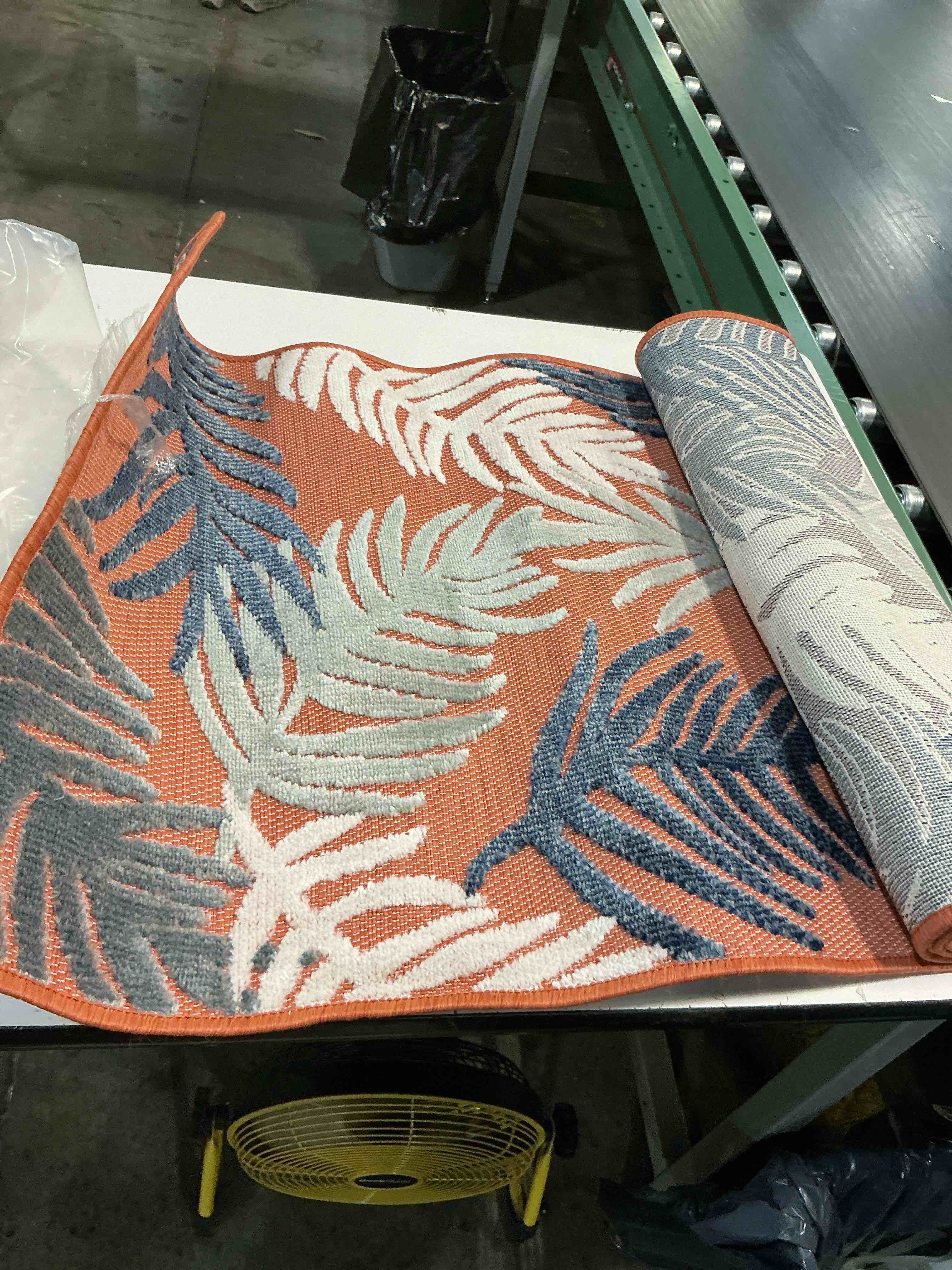 Condition photo showing As Is for jonathan y tropical palm indoor outdoor runner rug 2x8 orange/navy/ivory, montego high-low for backyard, patio, porch, easy-cleaning, high traffic, pet-friendly, non-shedding (hwc101a-28) orange/navy/ivory 2'2" x 8' (runner)