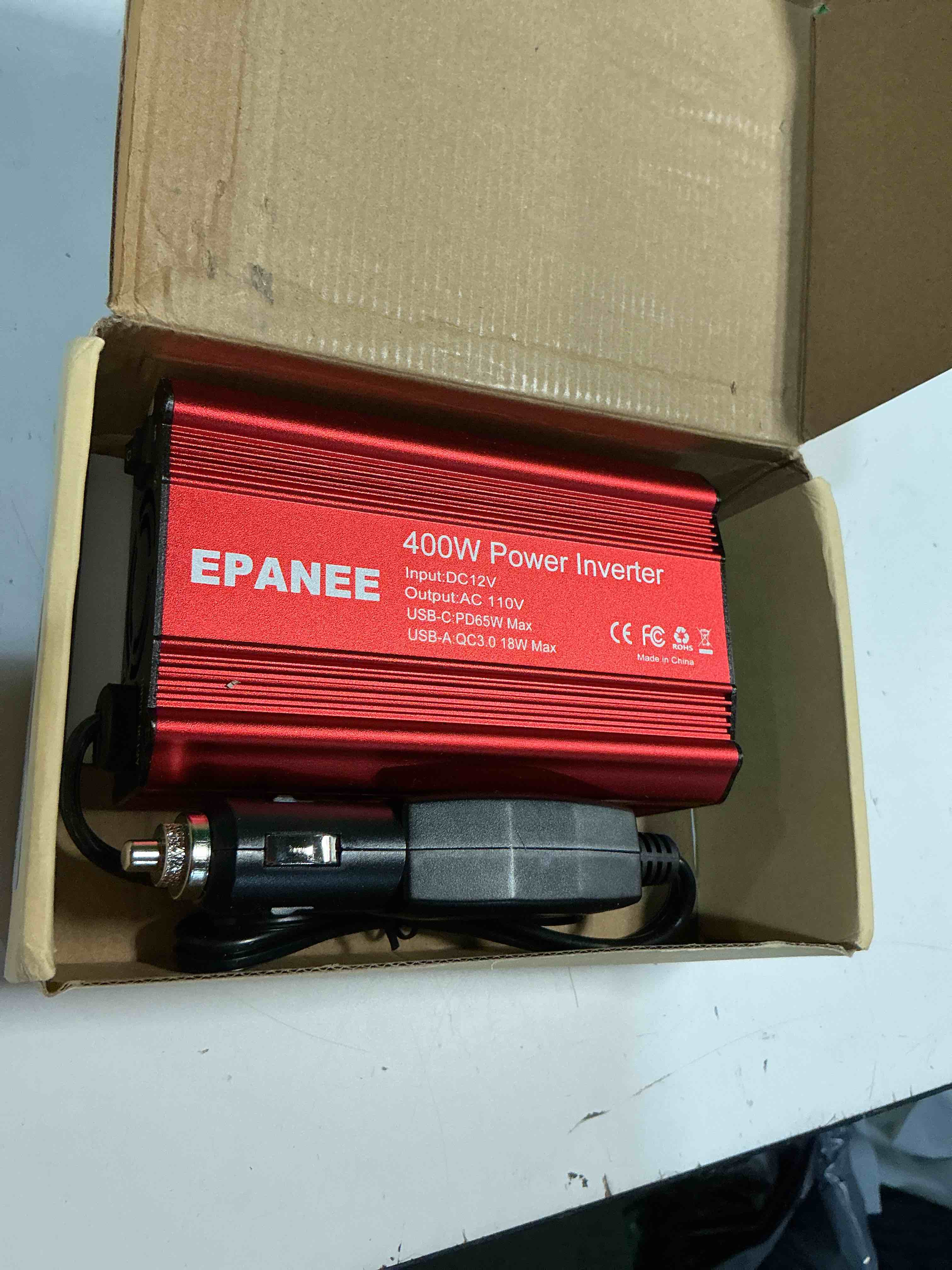 Condition photo showing Good Condition for 400w power inverter 12v dc to 110v ac, car charger plug in adapter outlet with pd 65w usb-c&qc 18w port, portable power converters for laptop vehicles camping road trip essentials adults red