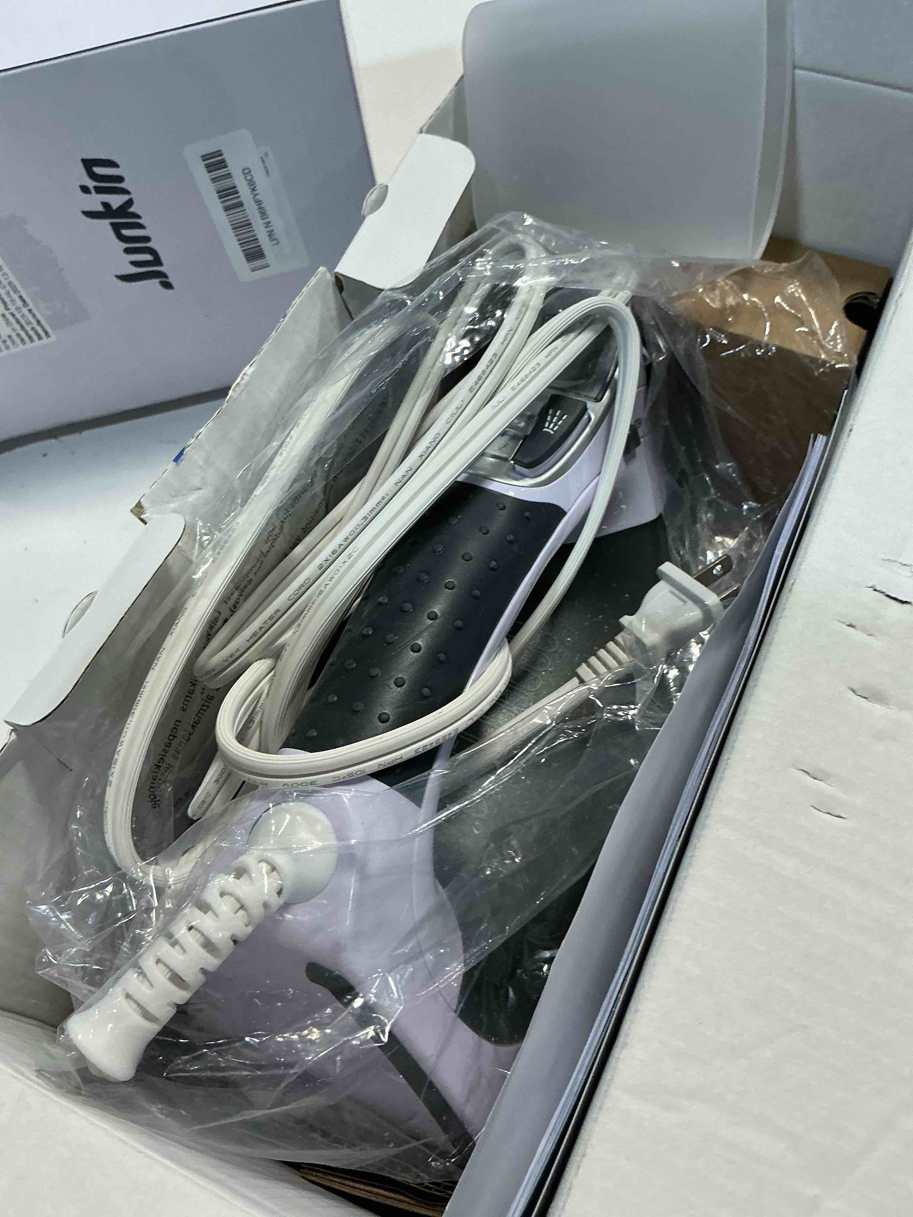 Condition photo showing As Is for beautural 1800-watt steam iron with digital lcd screen, double-layer and ceramic coated soleplate, 3-way auto-off, 9 preset temperature and steam settings for variable fabric gray