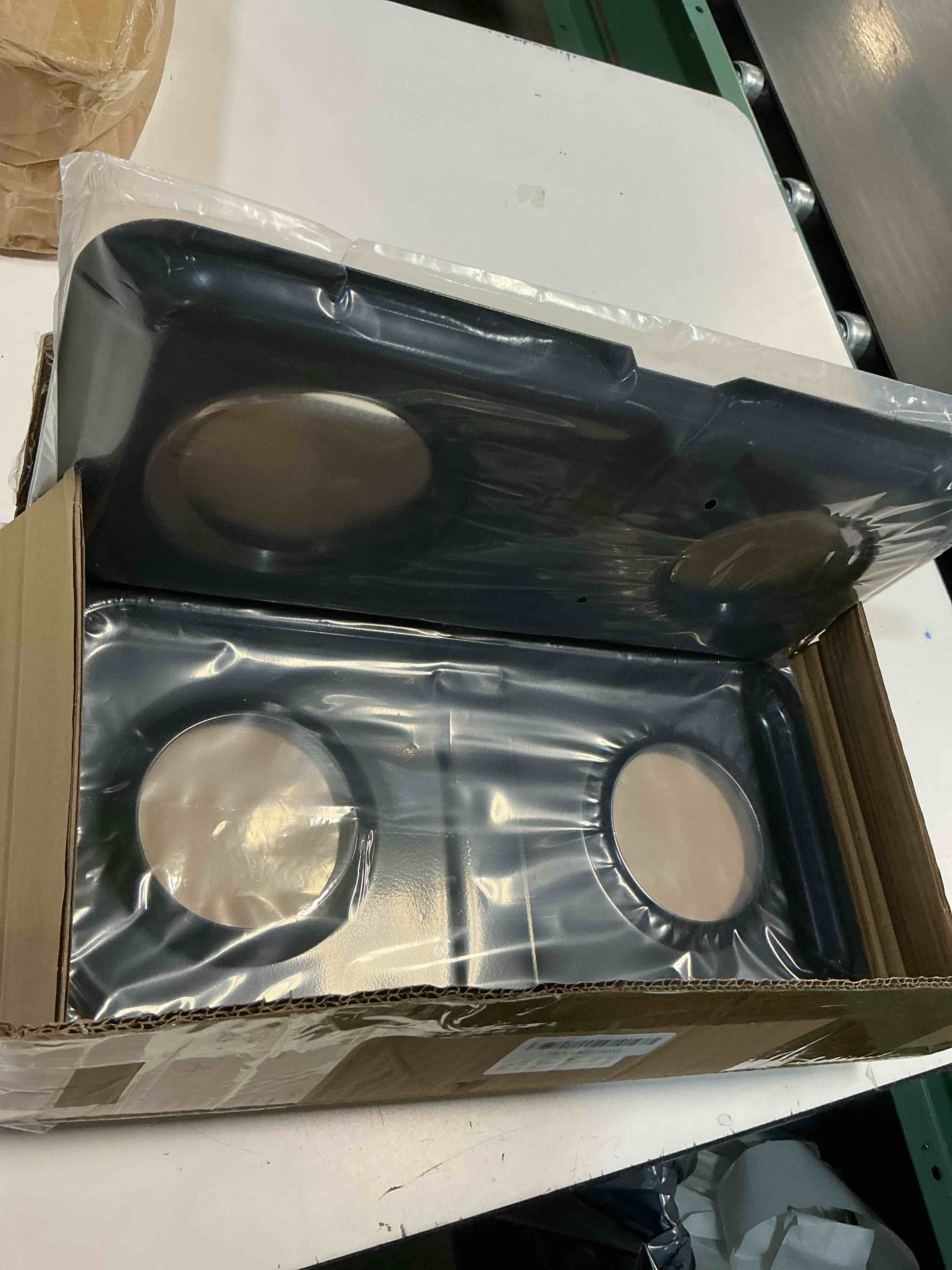 Condition photo showing New/Like New for baquler 2 pcs left burner drip pans set 16.6 x 8 inches compatible with ge hotpoint wb34k10009 right wb34k10010 gas stovetop range parts stainless steel 2 burner holes replacement drip pan black