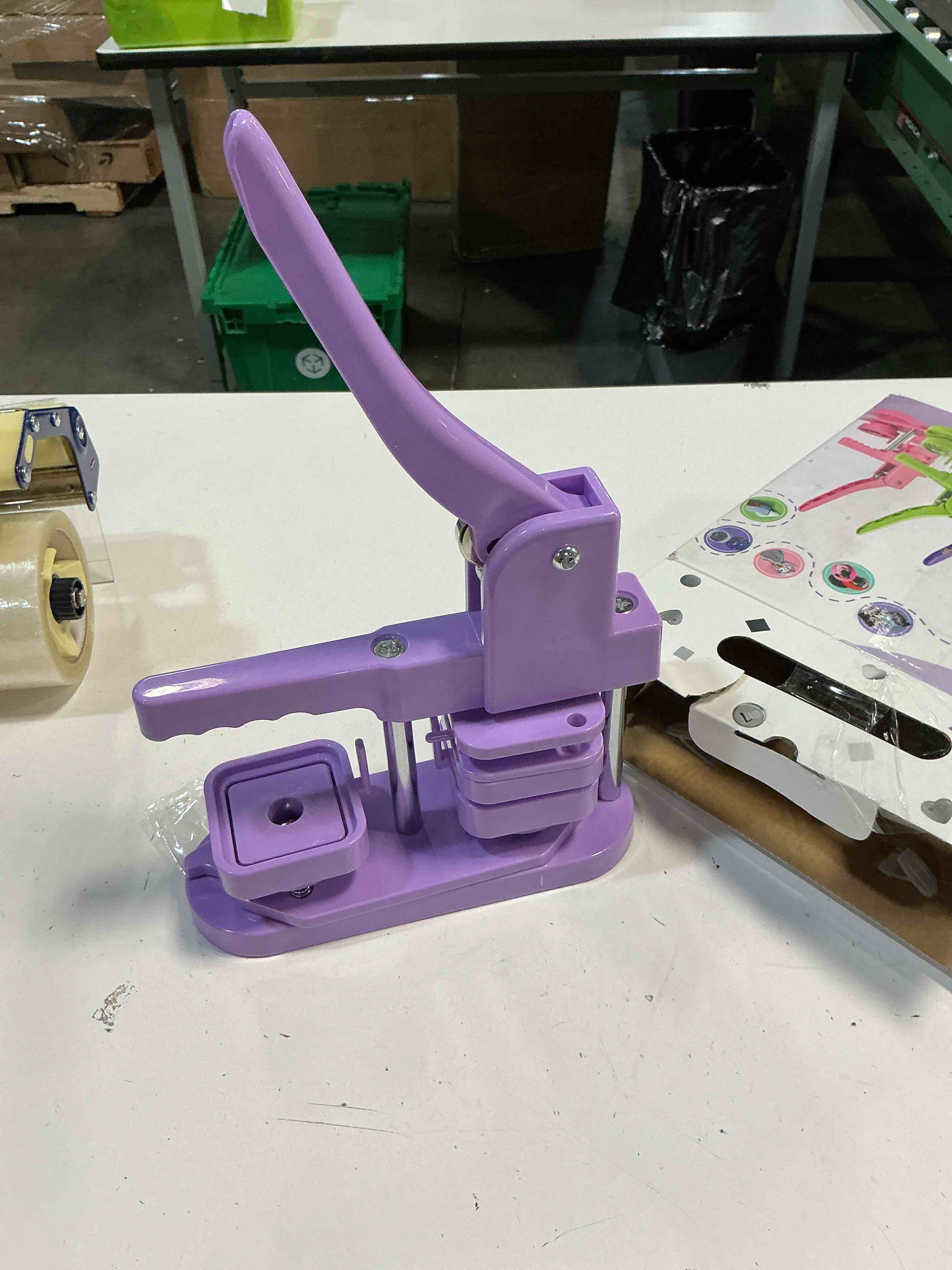 Condition photo showing As Is for square magnet button maker press machine with 100 sets square badge making supplies 2'' x 2'', custom fridge badges – ideal for parties, events, business, school 2" x 2" magnet purple
