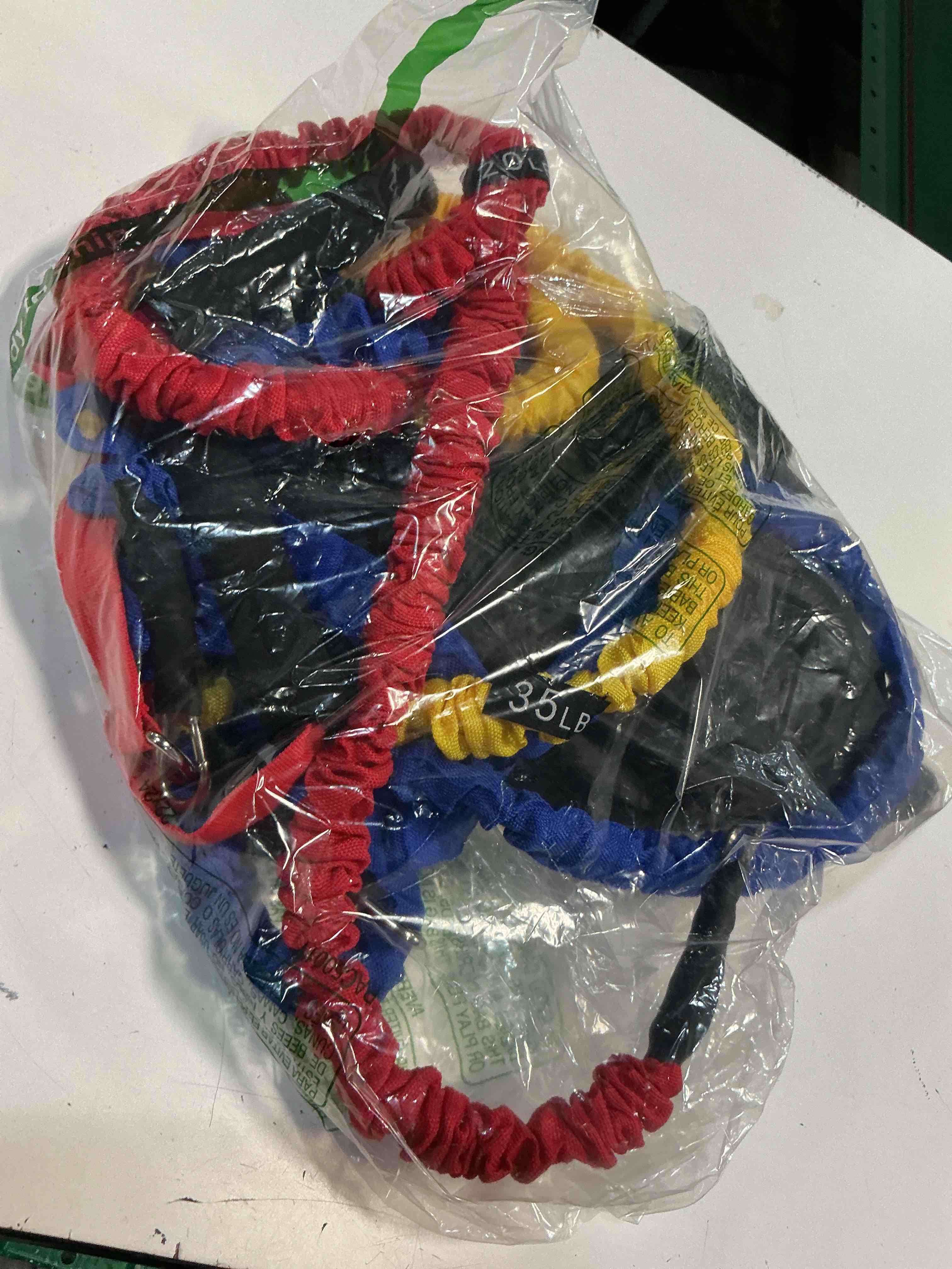 Condition photo showing As Is for resistance bands, 15 pieces exercise elastic bands set, 20lbs to 40lbs resistance tubes with heavy duty protective nylon sleeves anti-snap for fitness supalak