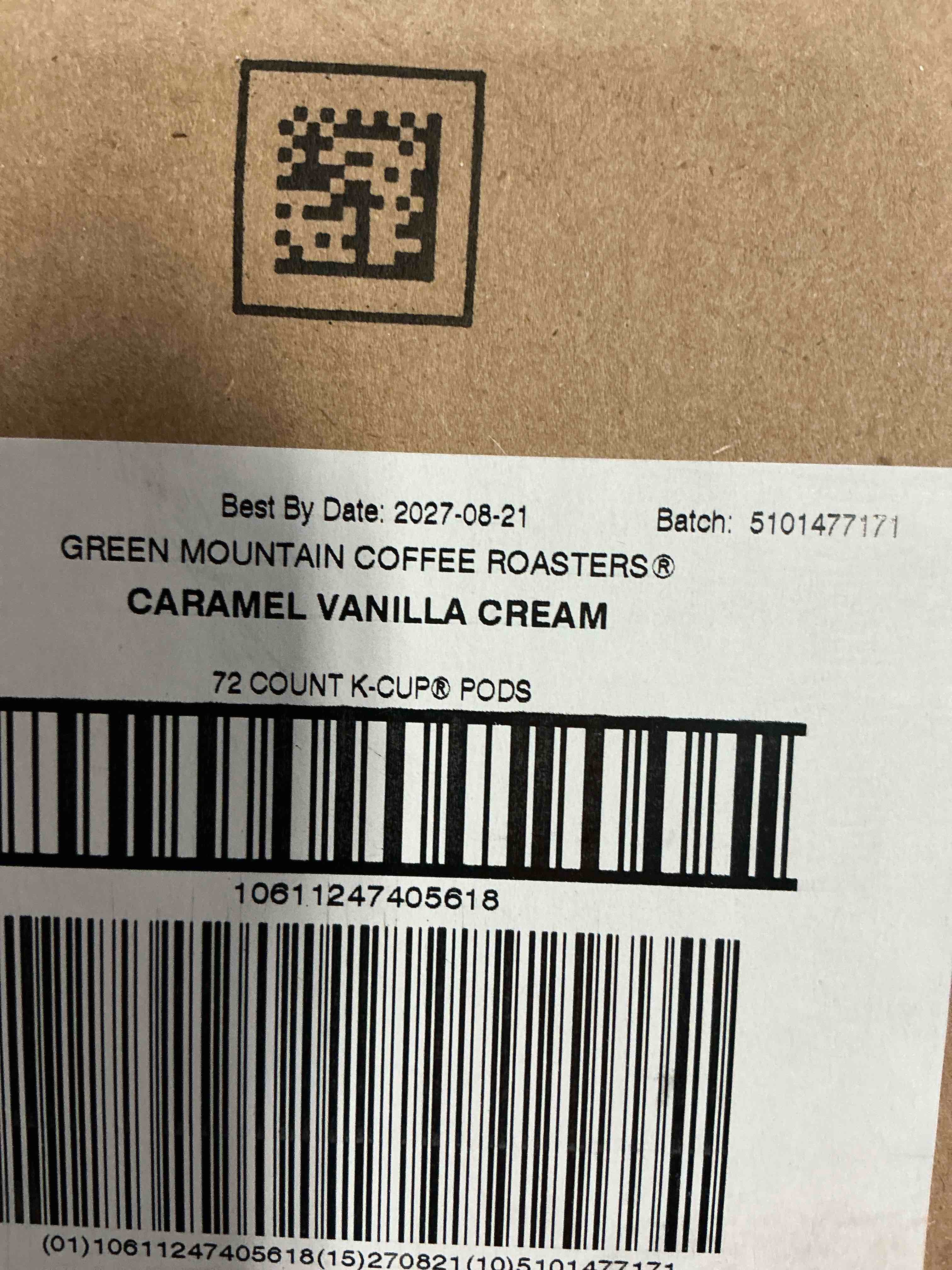 Condition photo showing New/Like New for bbd: 08/2027- green mountain coffee roasters caramel vanilla cream keurig single-serve k-cup pods, light roast cof