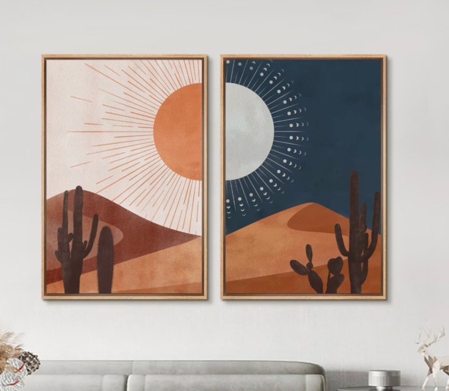 fzmhaslww boho moon sun desert cactus wall art decor 24"x16" set of 2 day and night mid century mode