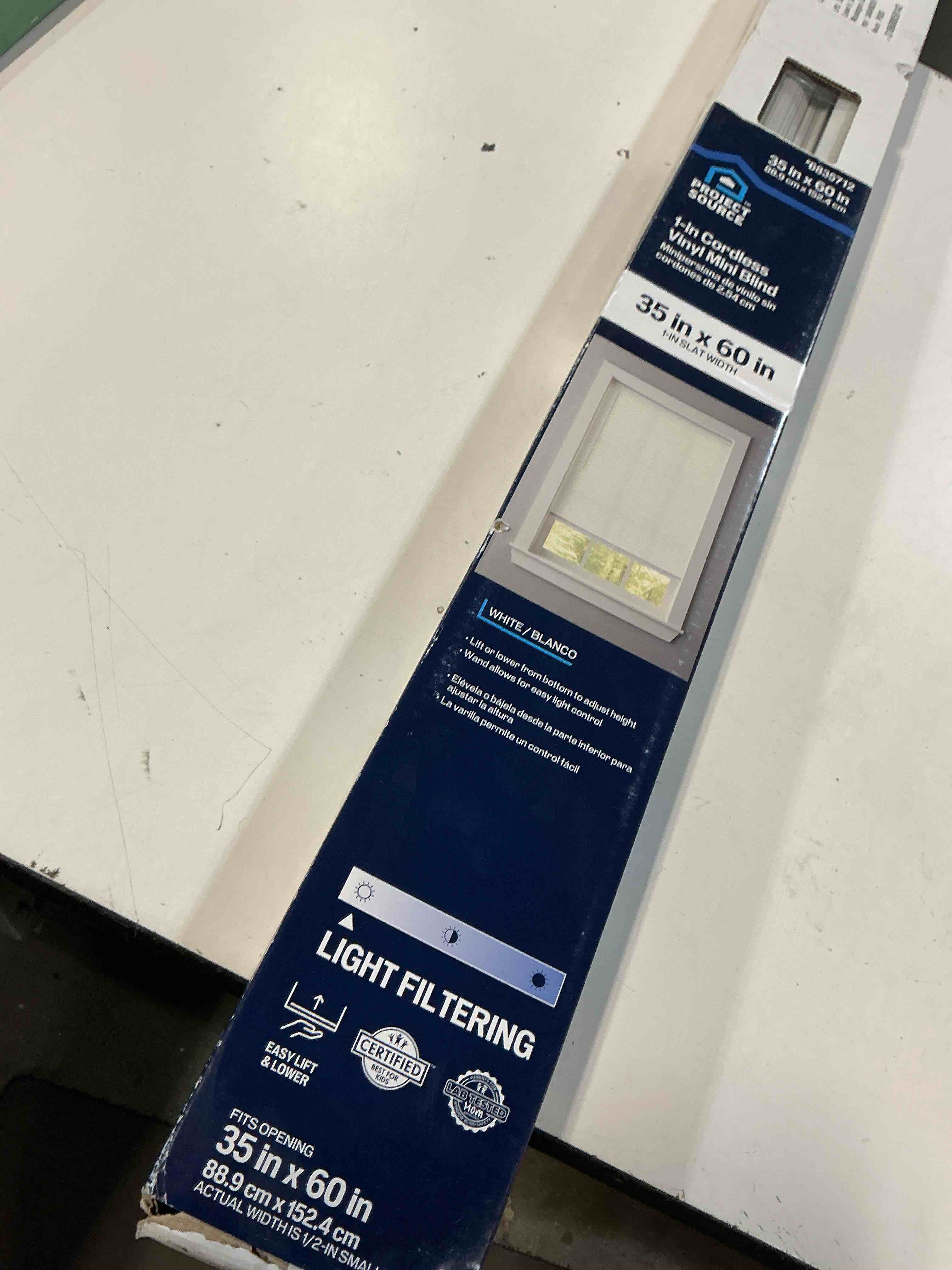 Condition photo showing Good Condition for project source 1-in slat width 35-in x 60-in cordless white vinyl light filtering mini-blinds