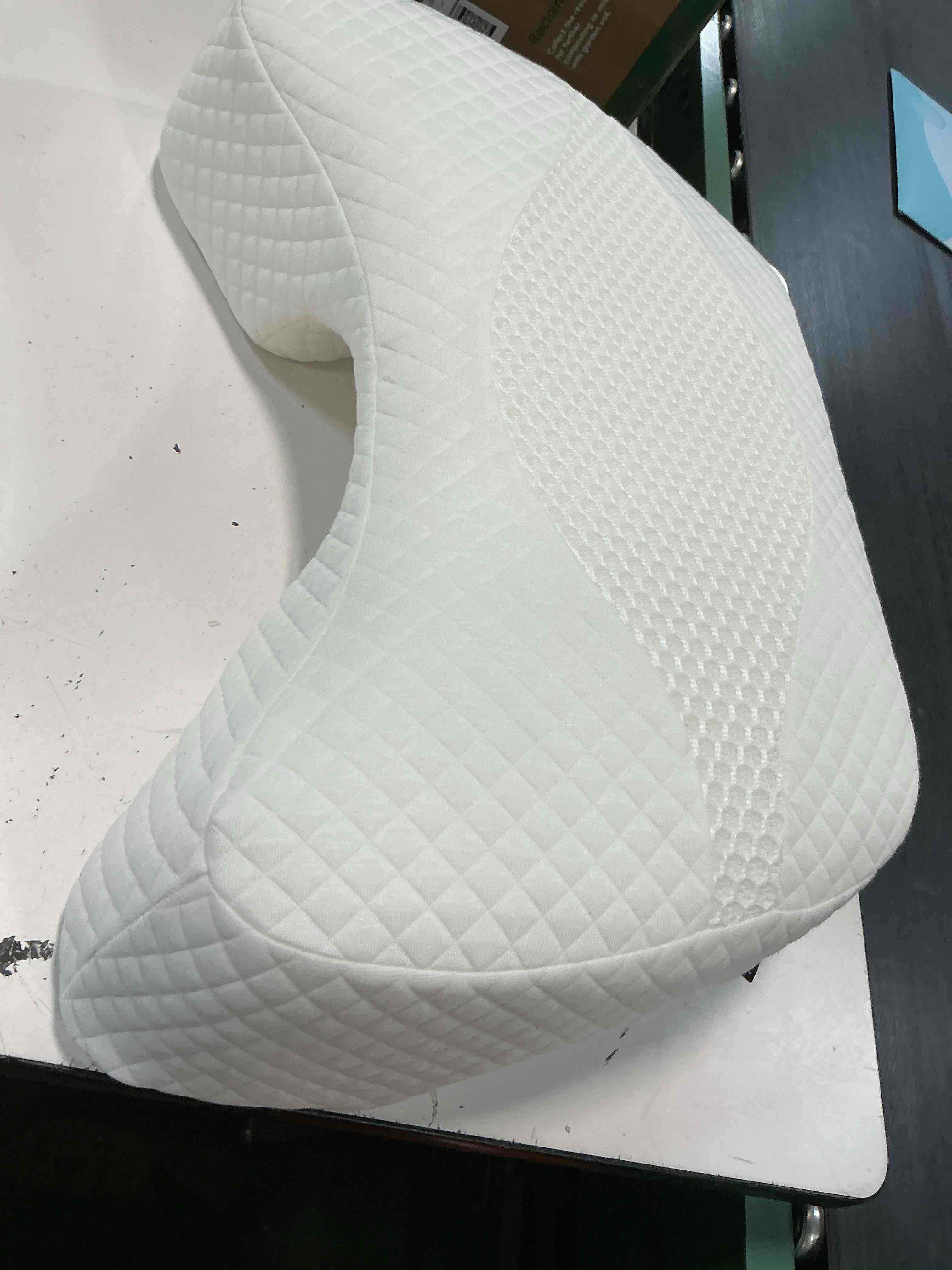 Condition photo showing As Is for side sleeper pillow with arm hole, shoulder relief system, arm pillow for neck and shoulder pain, premium memory foam, suitable for side, back and stomach sleepers - white white 6in height