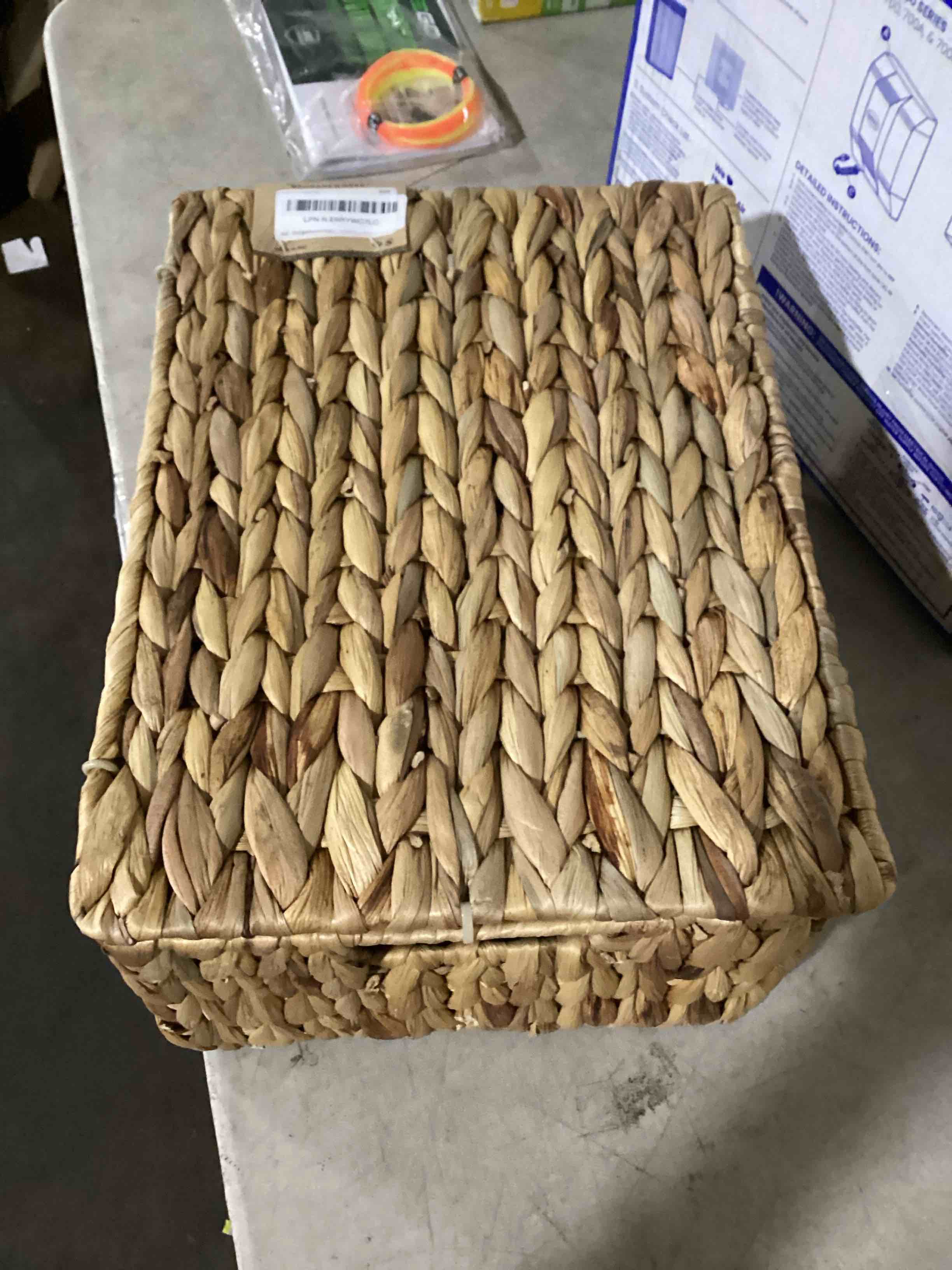 Condition photo showing As Is for storageworks extra large wicker baskets for organizing, water hyacinth storage basket with built-in handles, 1 pack natural (water hyacinth) 16 ½"l x 13"w x 7 ½"h