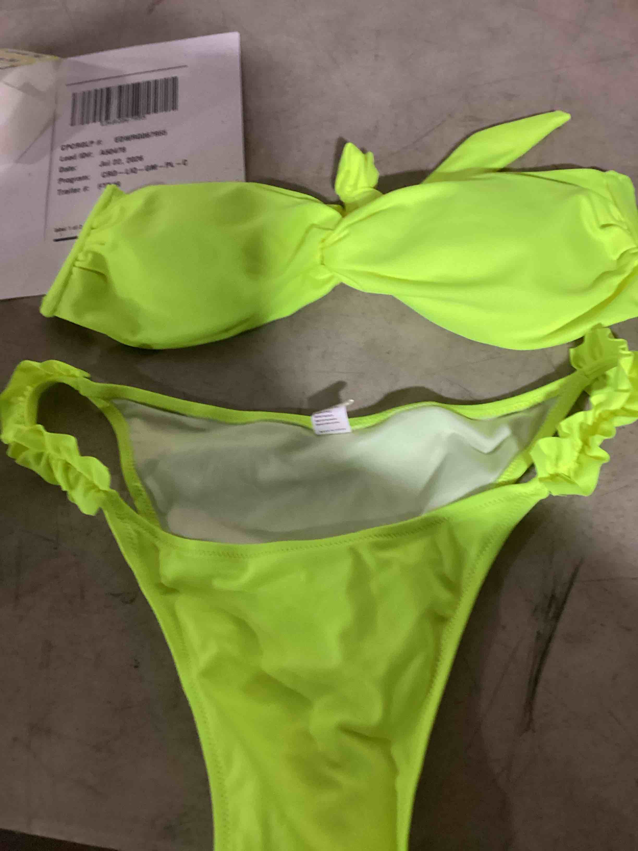 Condition photo showing New/Like New for chiaolezhee two piece strapless bikini set, sexy high cut swimsuits, pool party neon yellow large