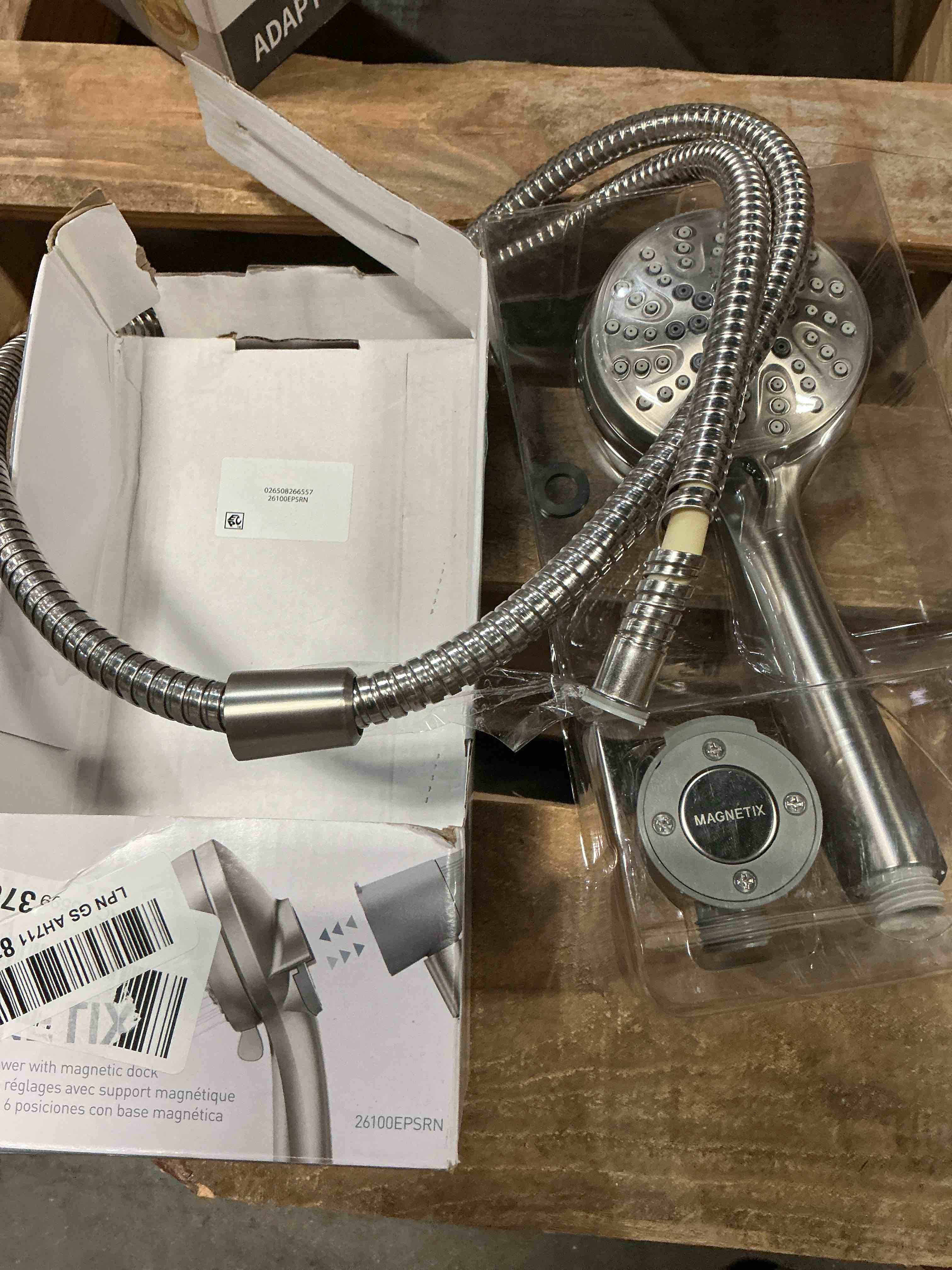 Condition photo showing As Is for moen engage magnetix shower head with handheld sprayer, 6 spray functions, spot resist brushed nickel, 26100epsrn spot resist brushed nickel showerhead eco-performance handheld shower