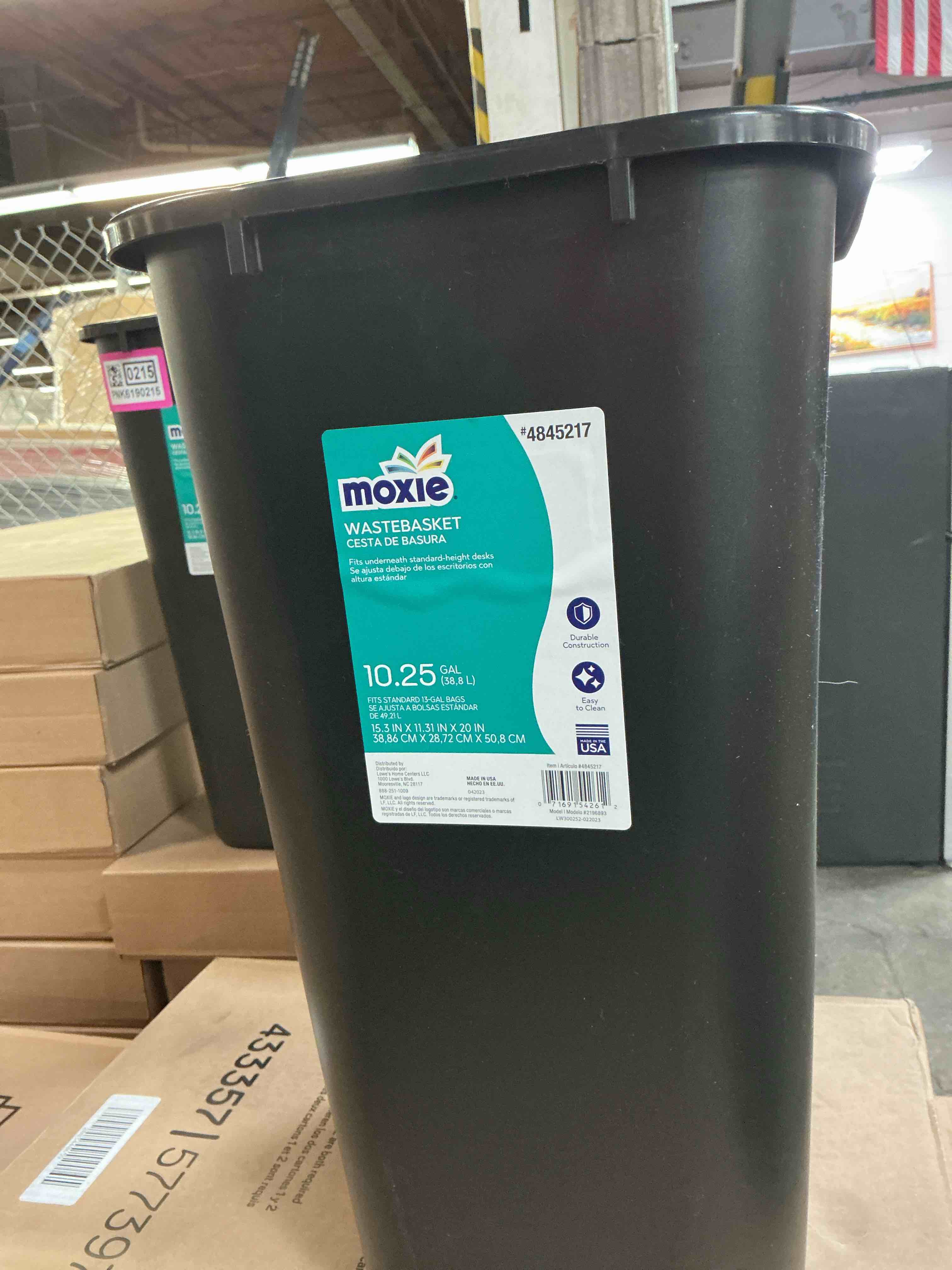 MOXIE 10.25 Gallon Black Plastic Kitchen Lidless Trash Can